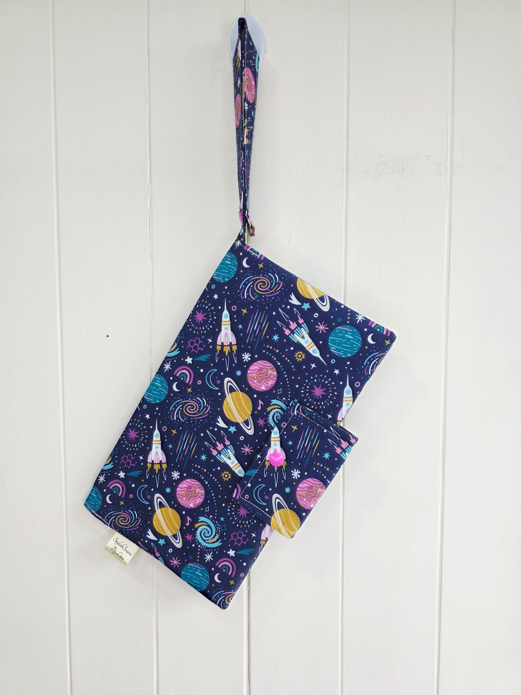 Handmade - mini nappies and wet wipes wallet/pouch featuring space print