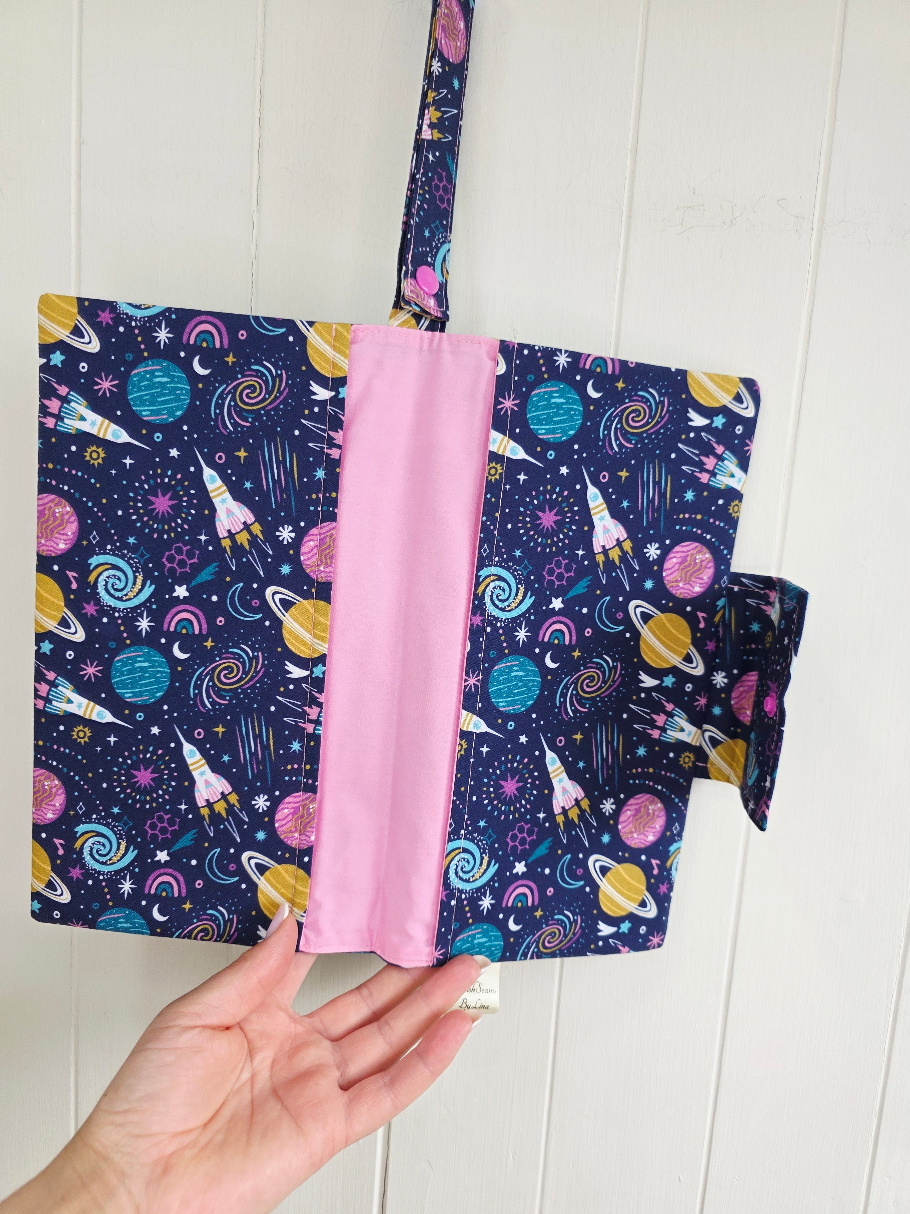 Handmade - mini nappies and wet wipes wallet/pouch featuring space print