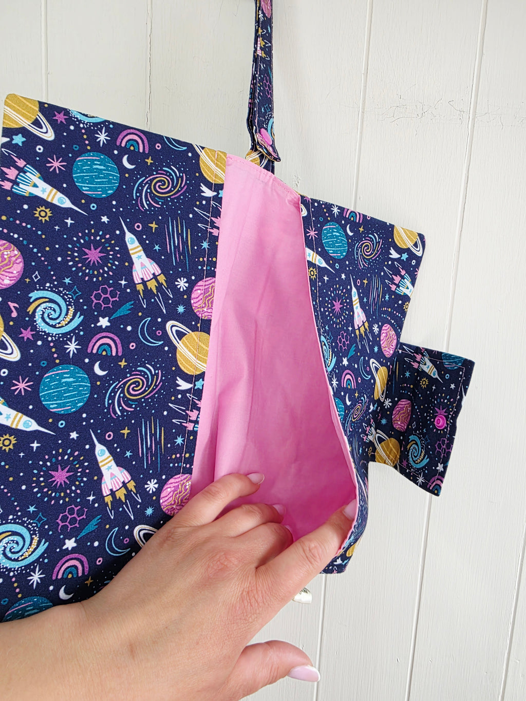 Handmade - mini nappies and wet wipes wallet/pouch featuring space print