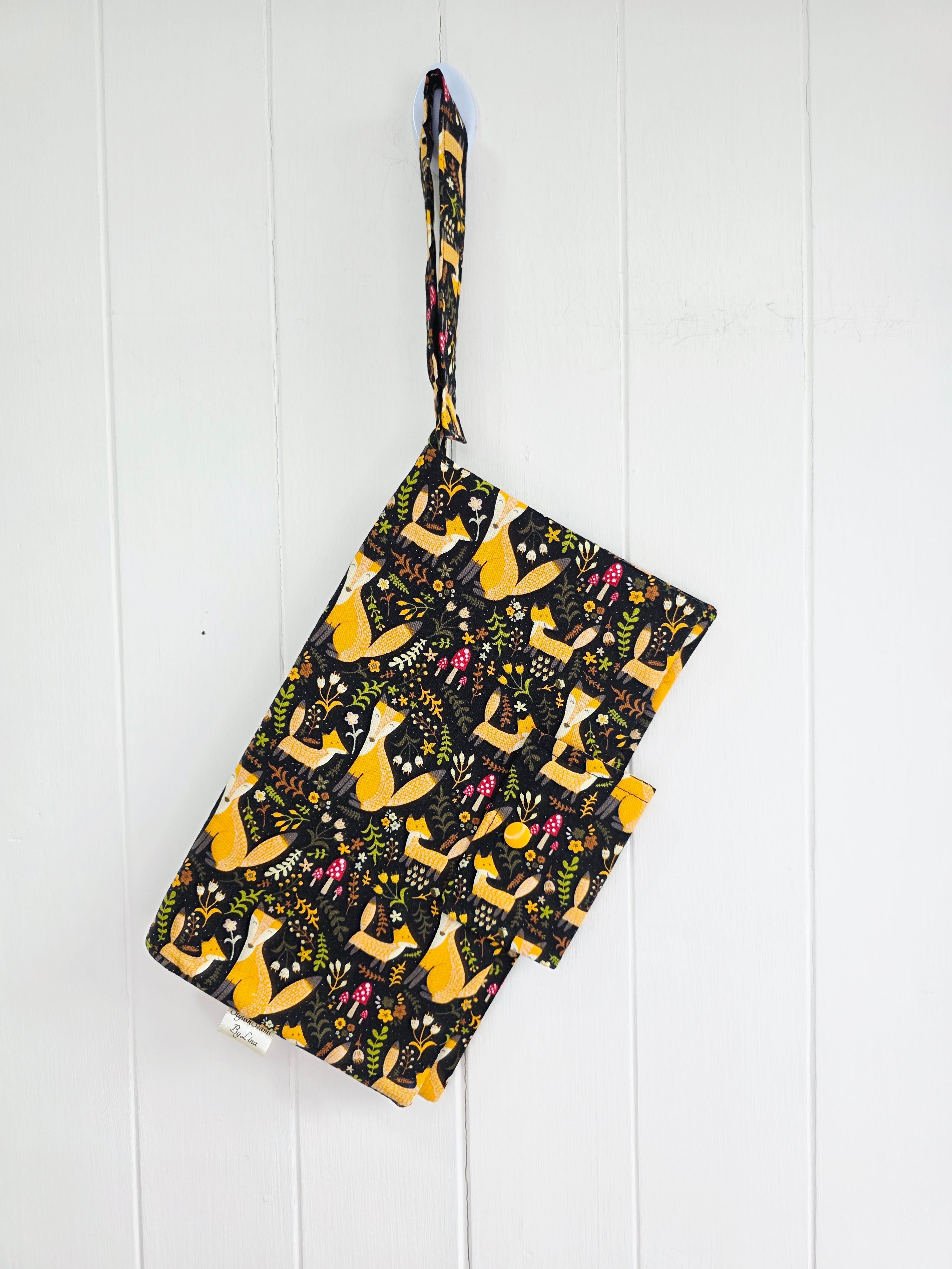 Handmade - mini nappies and wet wipes wallet/pouch featuring fox and forest greenery print