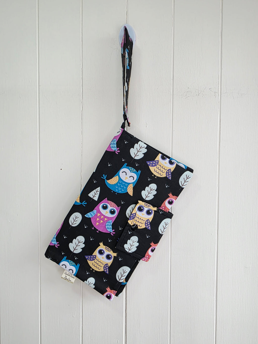 Handmade - mini nappies and wet wipes wallet/pouch featuring multicoloured owl print