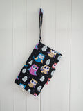 Handmade - mini nappies and wet wipes wallet/pouch featuring multicoloured owl print