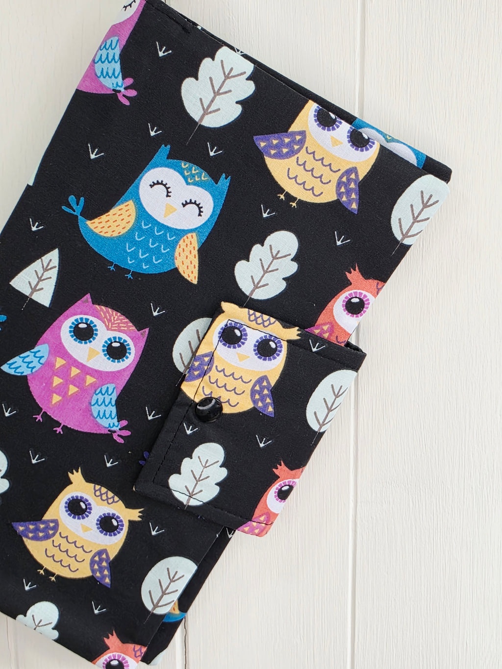 Handmade - mini nappies and wet wipes wallet/pouch featuring multicoloured owl print