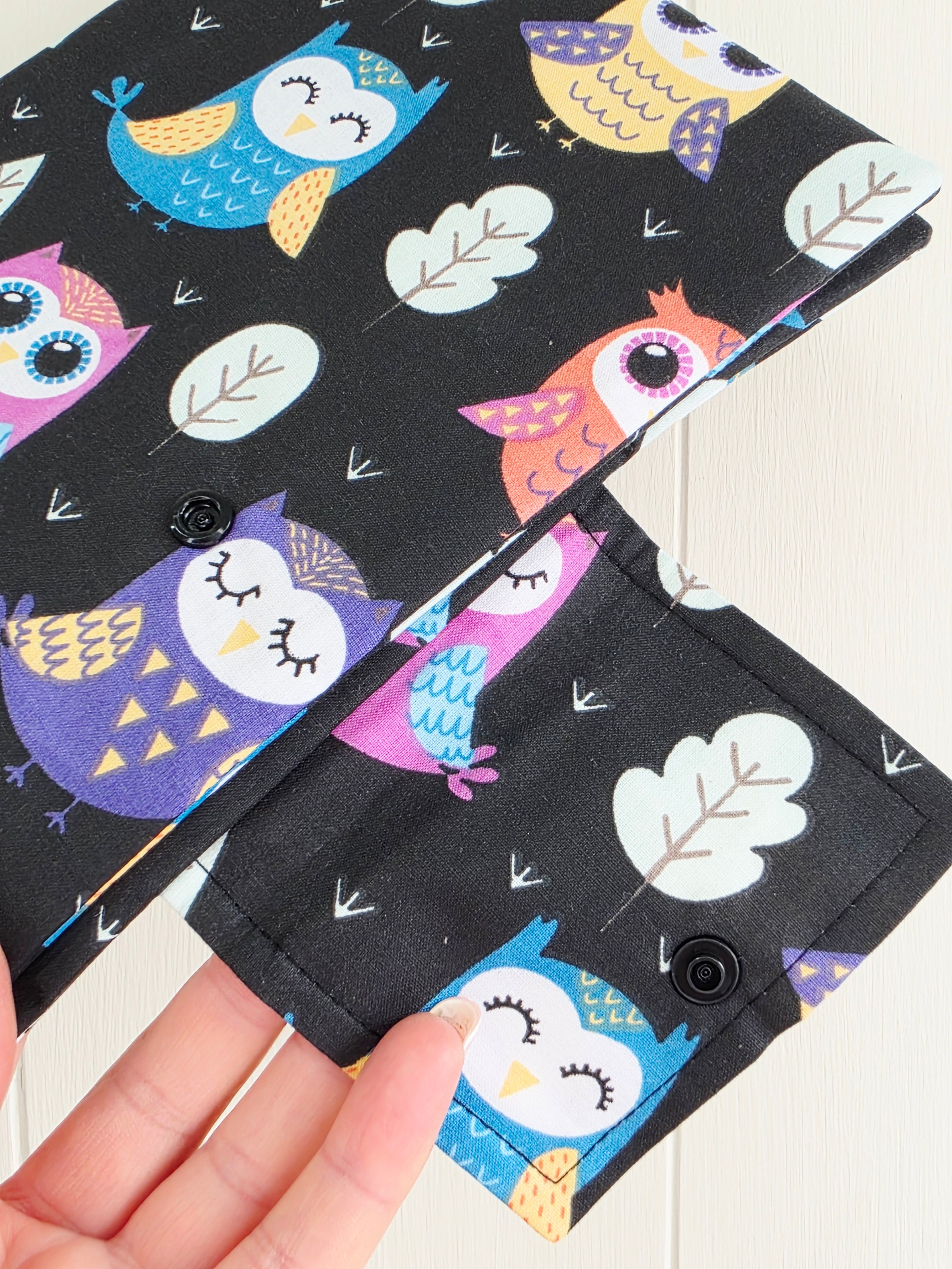 Handmade - mini nappies and wet wipes wallet/pouch featuring multicoloured owl print