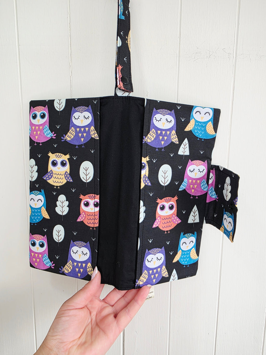Handmade - mini nappies and wet wipes wallet/pouch featuring multicoloured owl print