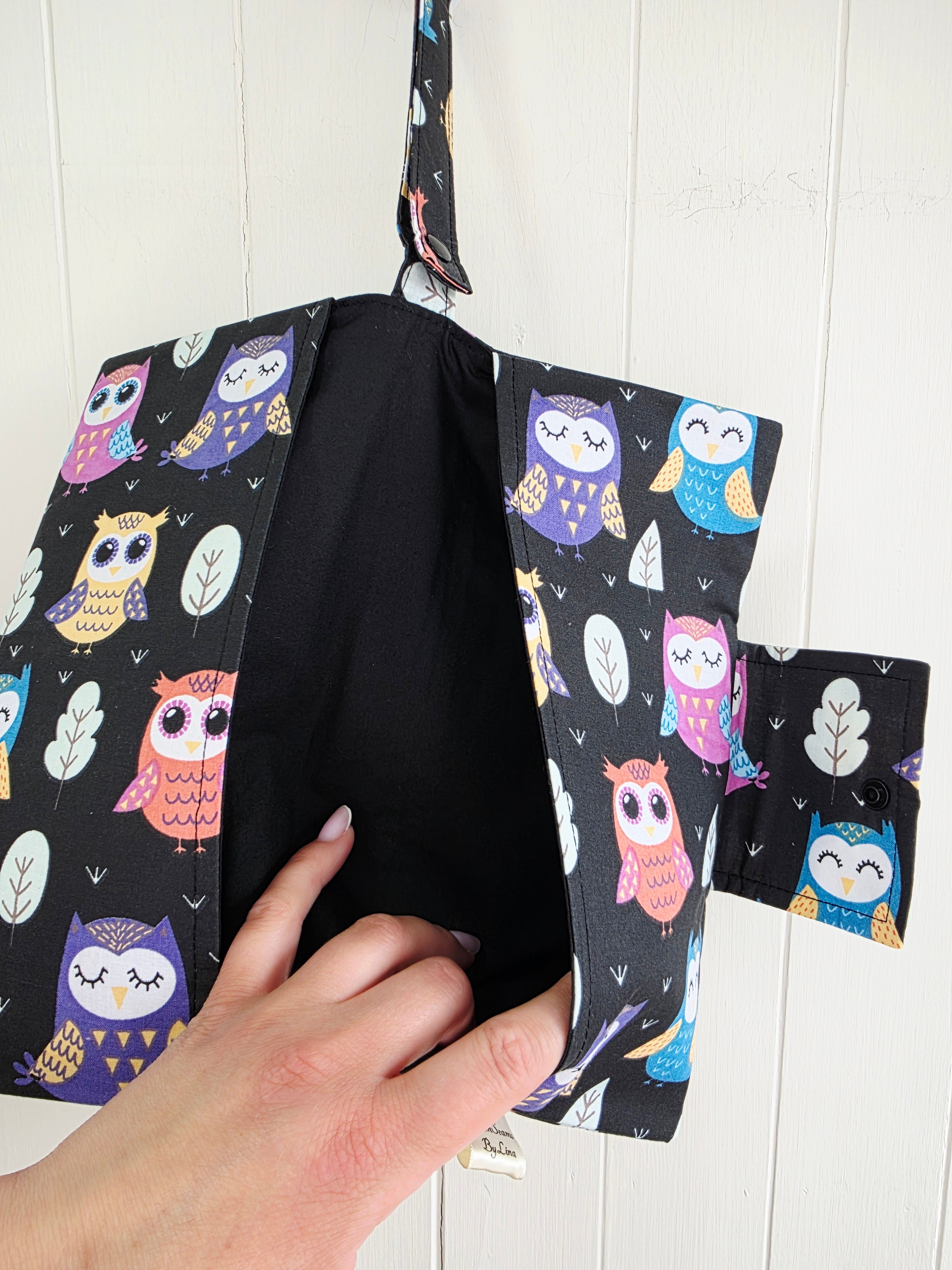 Handmade - mini nappies and wet wipes wallet/pouch featuring multicoloured owl print
