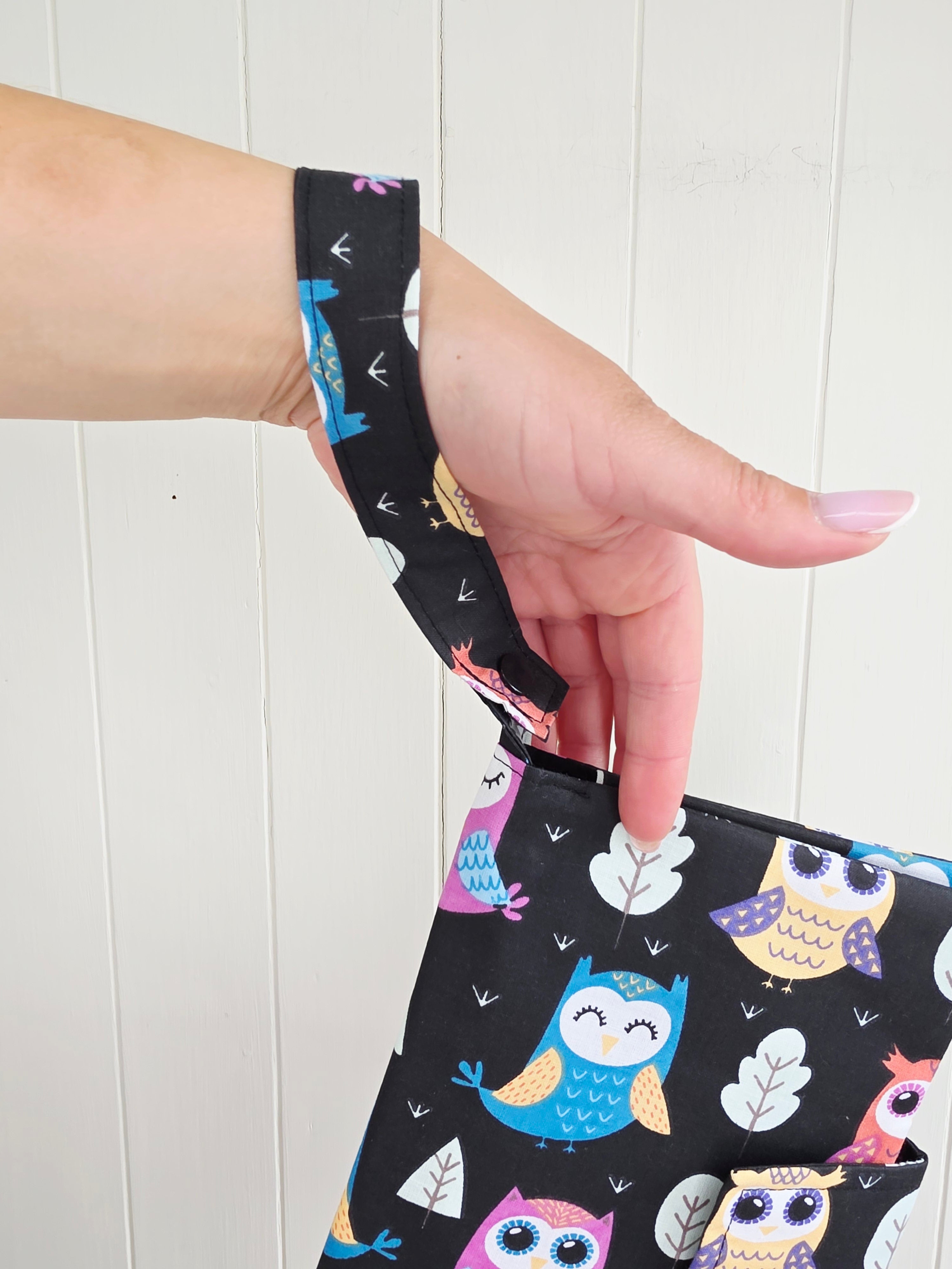 Handmade - mini nappies and wet wipes wallet/pouch featuring multicoloured owl print