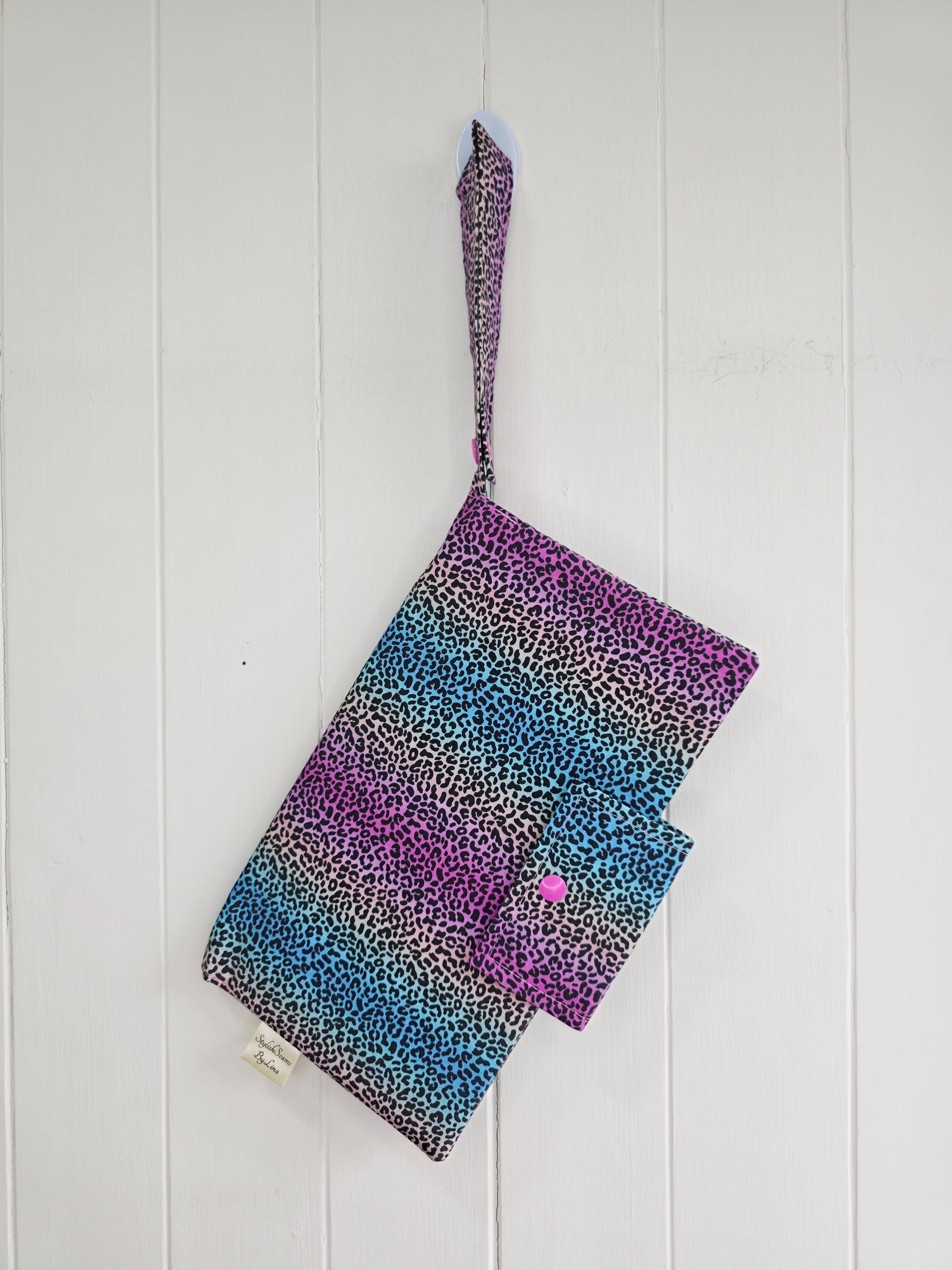 Handmade - mini nappies and wet wipes wallet/pouch featuring rainbow leopard print