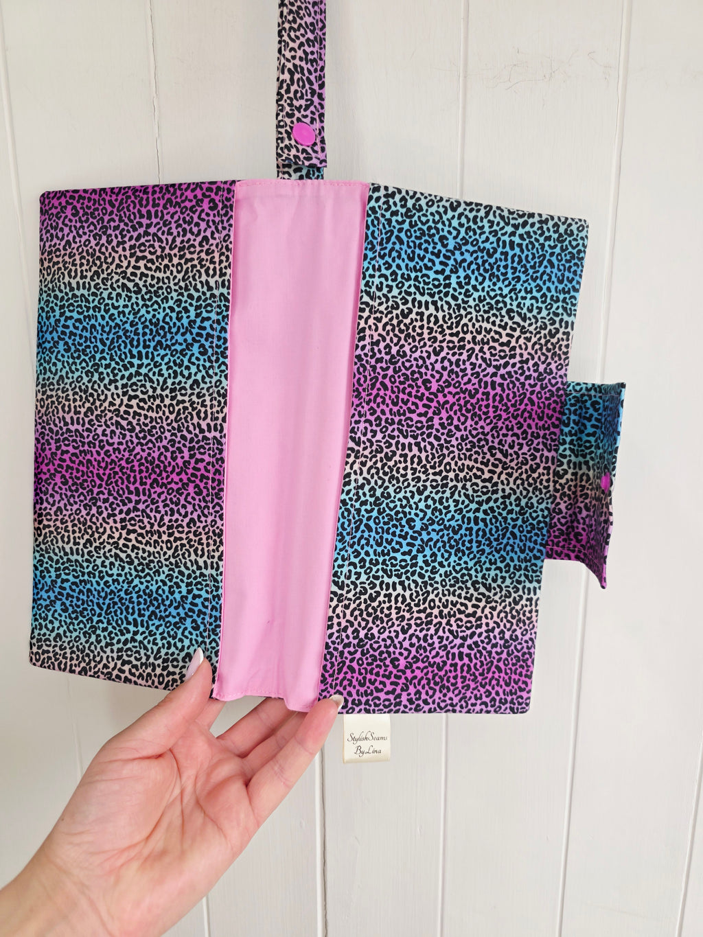 Handmade - mini nappies and wet wipes wallet/pouch featuring rainbow leopard print