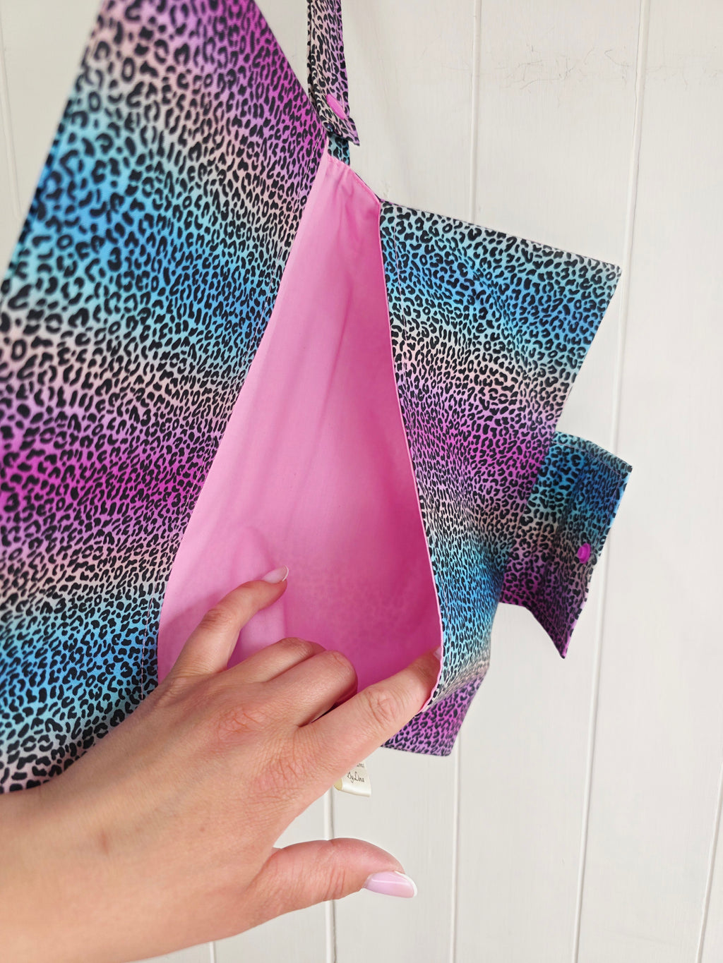 Handmade - mini nappies and wet wipes wallet/pouch featuring rainbow leopard print