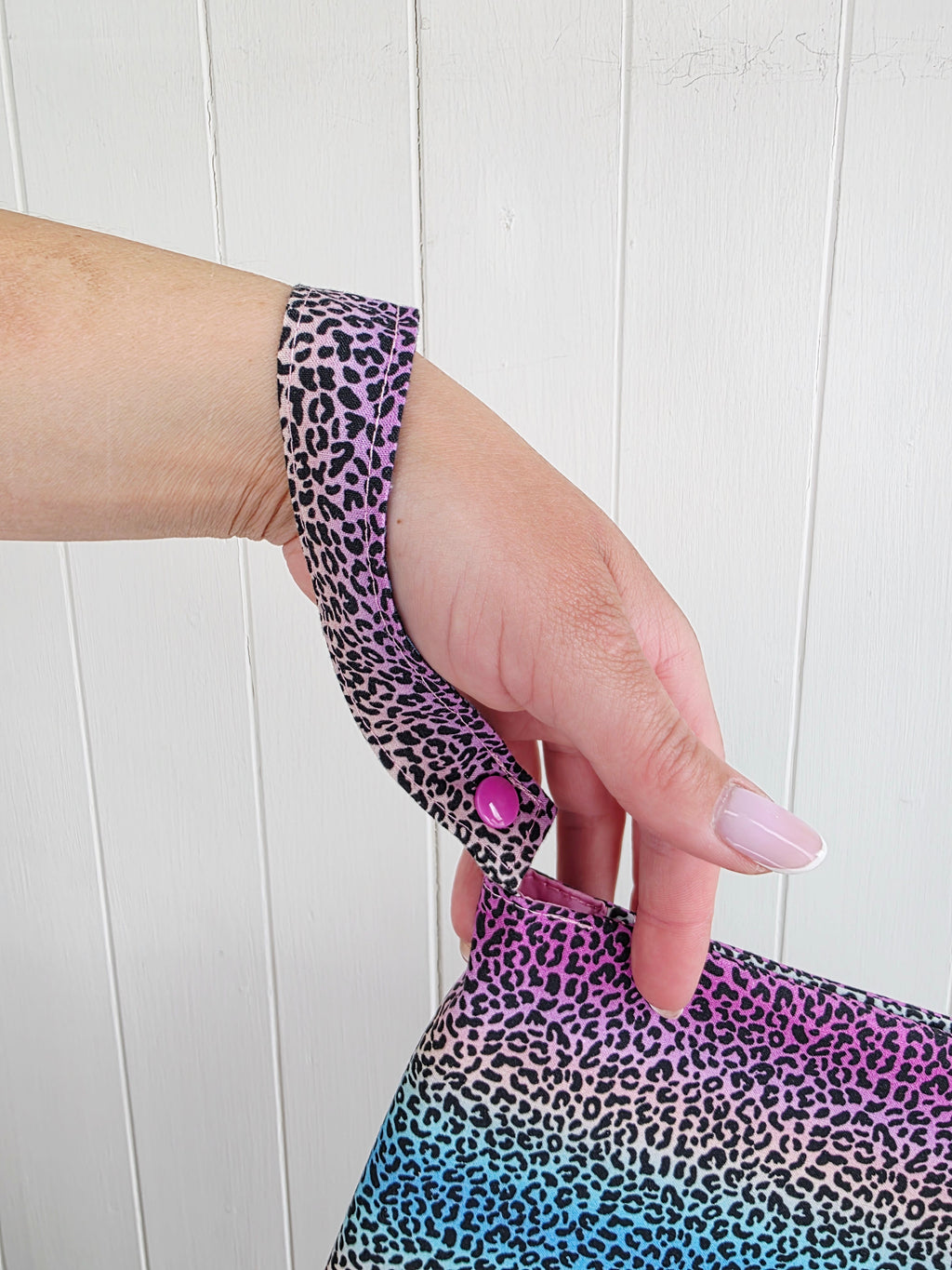 Handmade - mini nappies and wet wipes wallet/pouch featuring rainbow leopard print