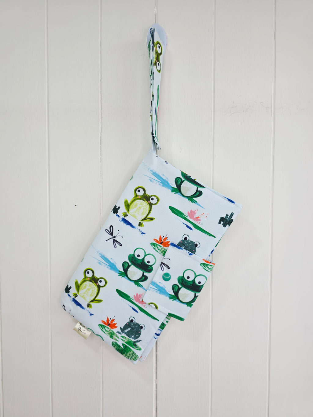 Handmade - mini nappies and wet wipes wallet/pouch featuring playful frog print