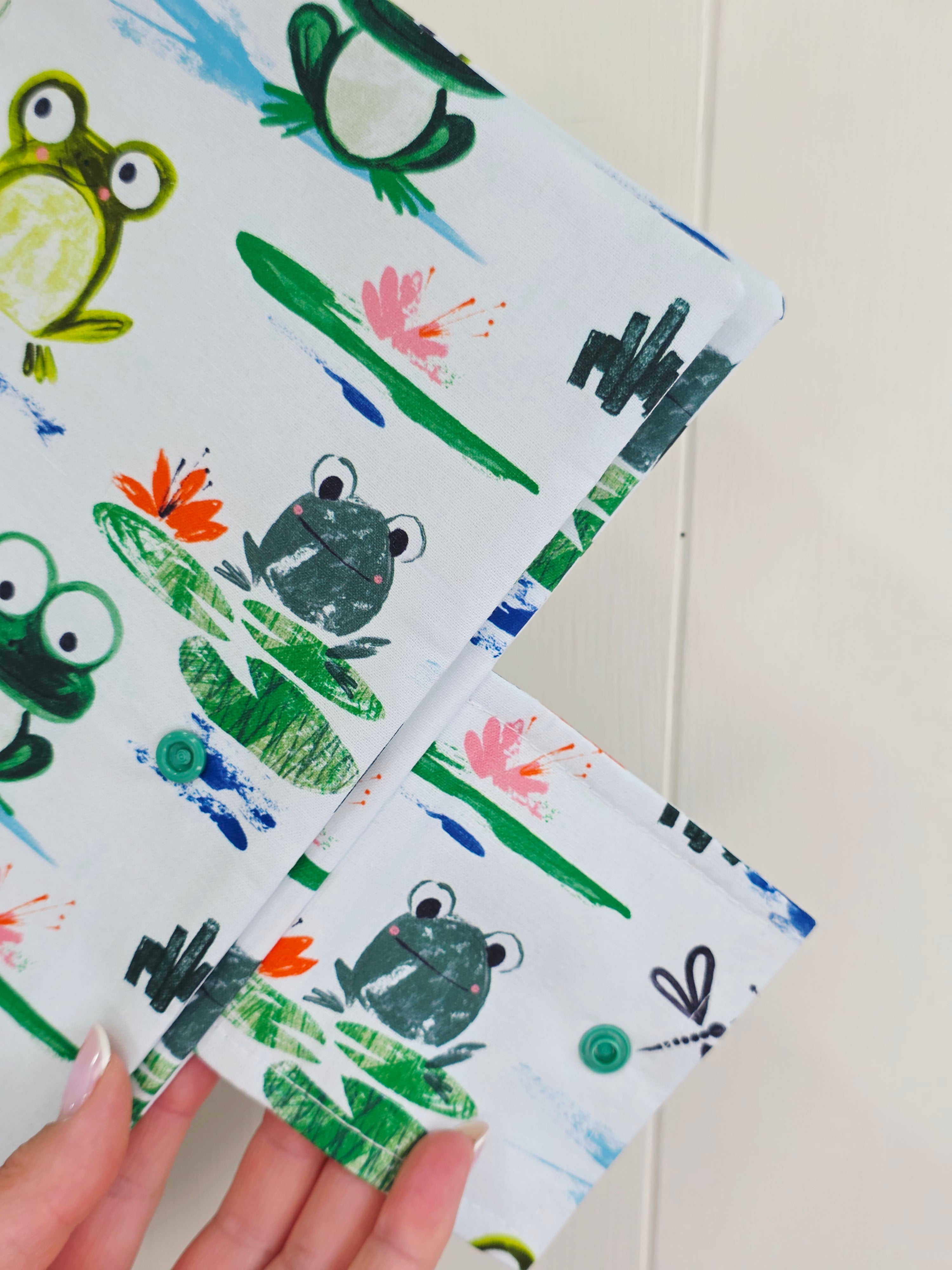 Handmade - mini nappies and wet wipes wallet/pouch featuring playful frog print