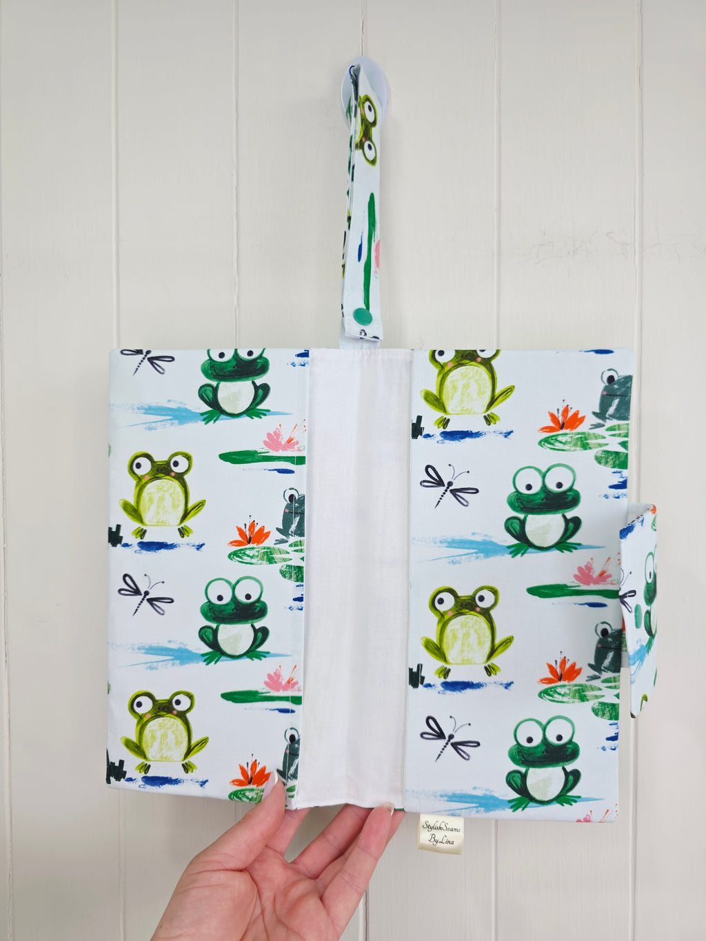 Handmade - mini nappies and wet wipes wallet/pouch featuring playful frog print