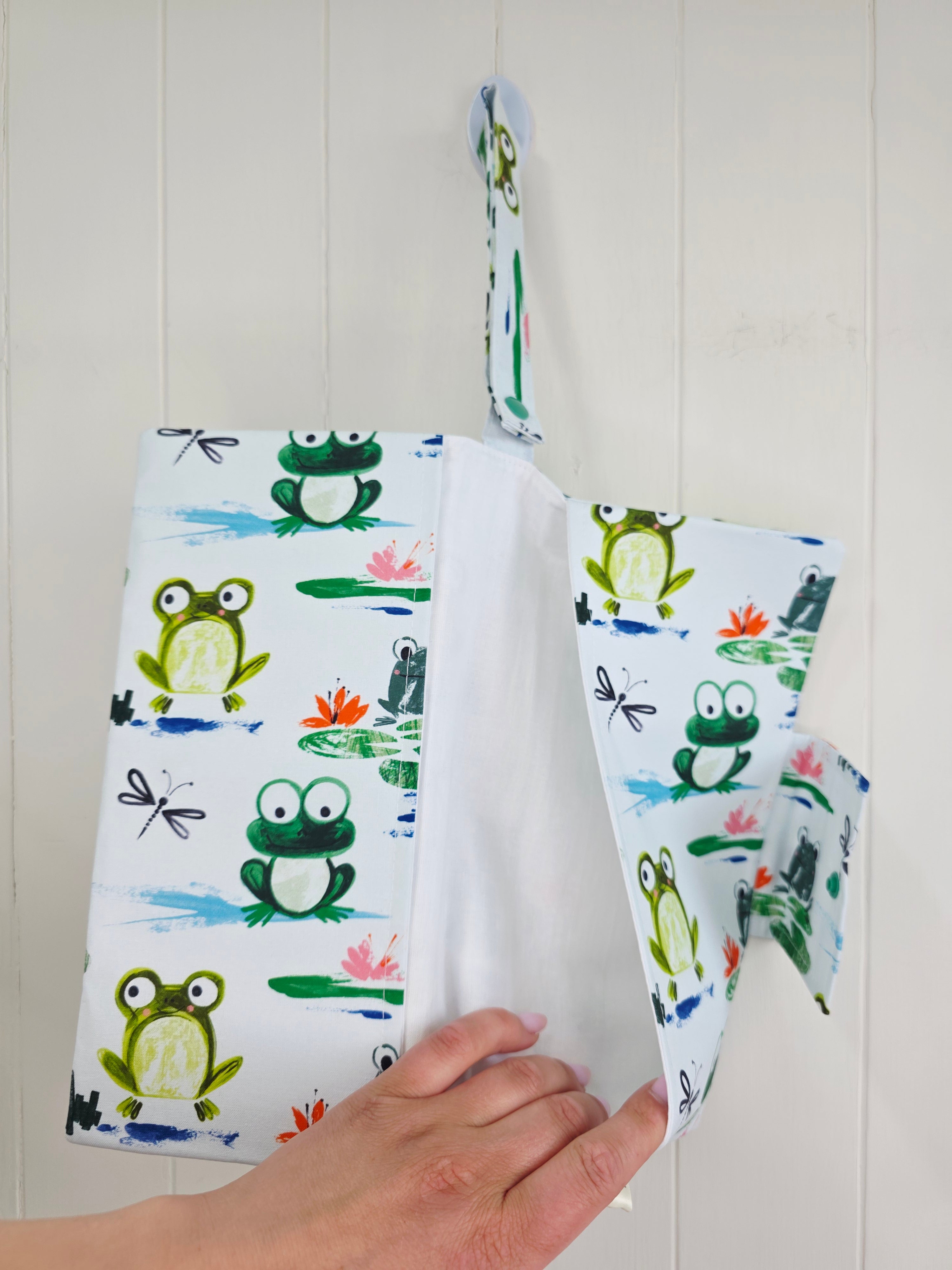 Handmade - mini nappies and wet wipes wallet/pouch featuring playful frog print