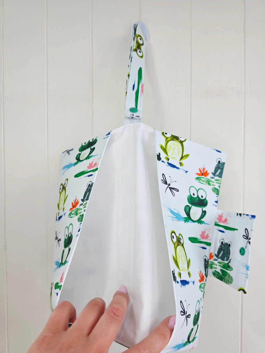 Handmade - mini nappies and wet wipes wallet/pouch featuring playful frog print