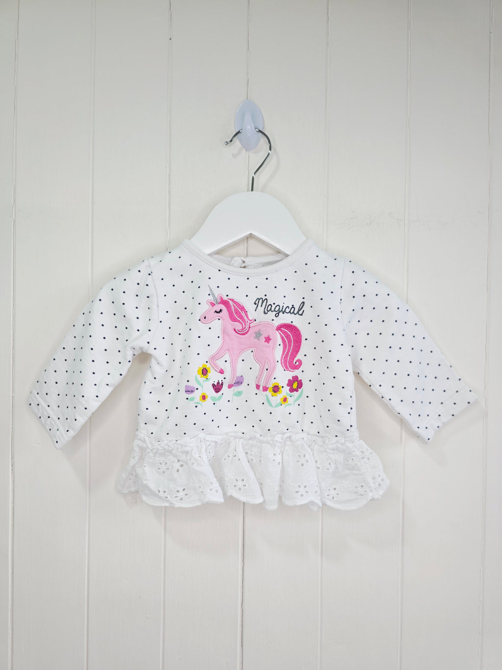 Crafted - 3-6 months white polka dot top featuring unicorn applique