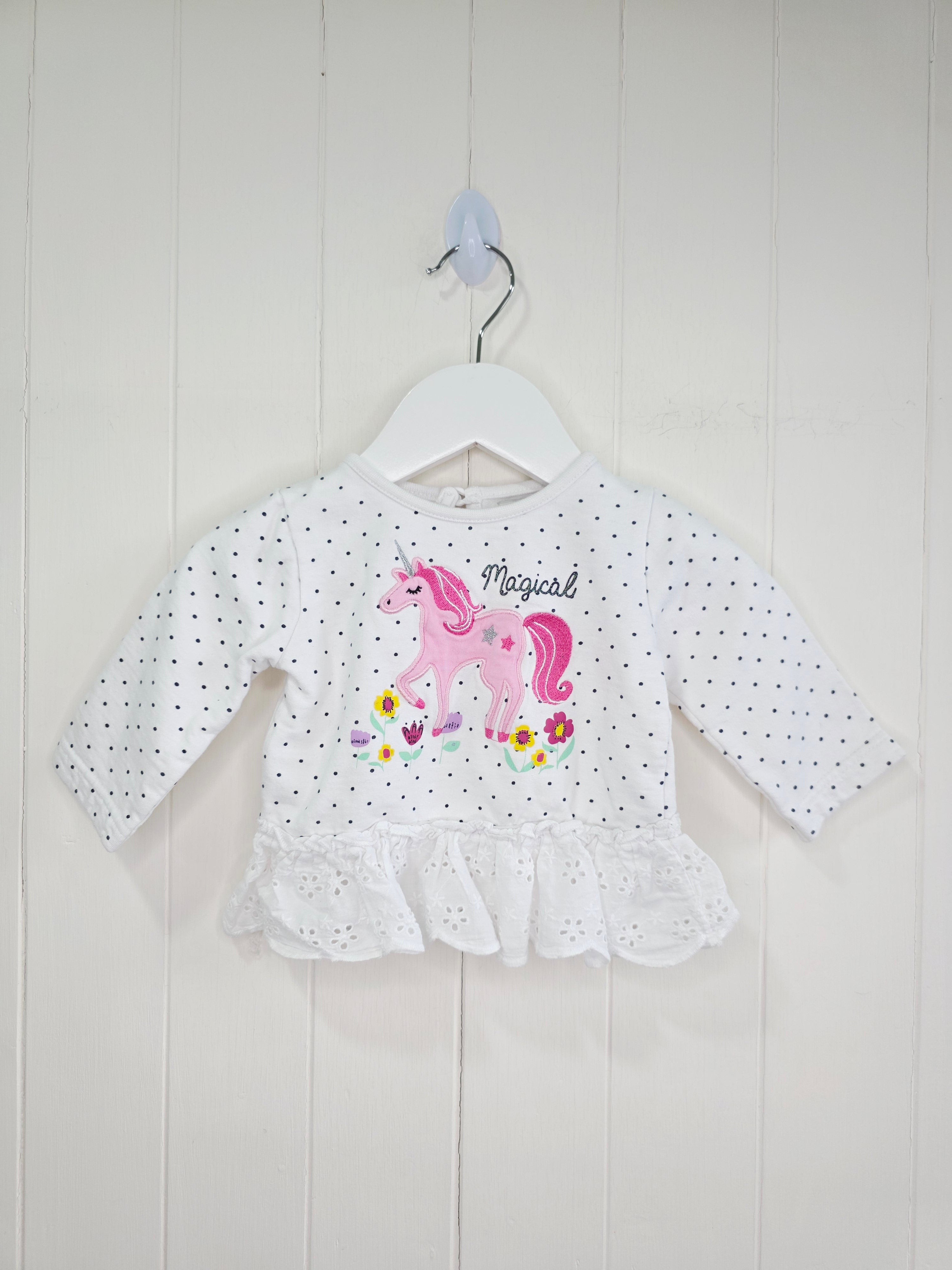Crafted - 3-6 months white polka dot top featuring unicorn applique