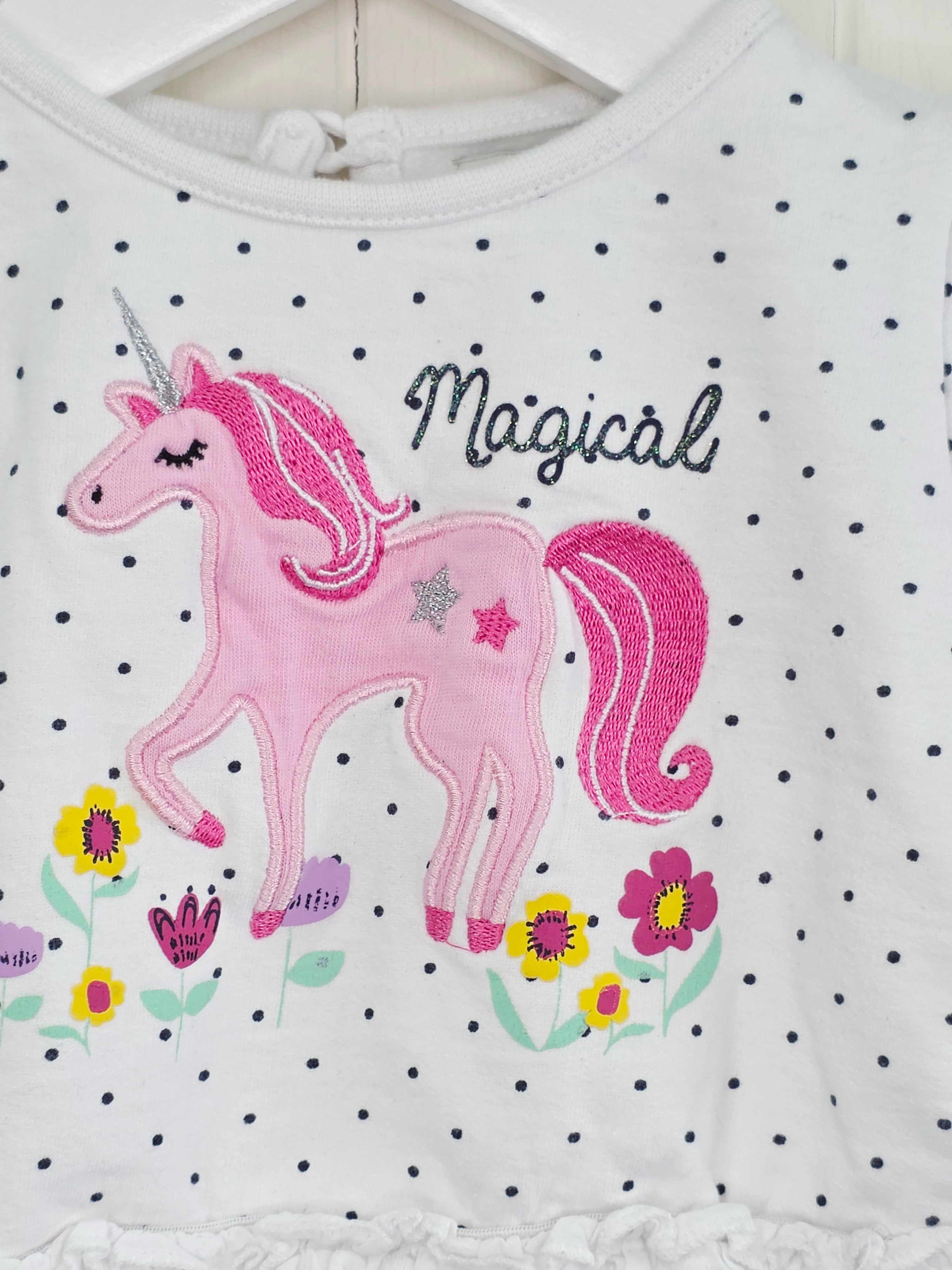 Crafted - 3-6 months white polka dot top featuring unicorn applique