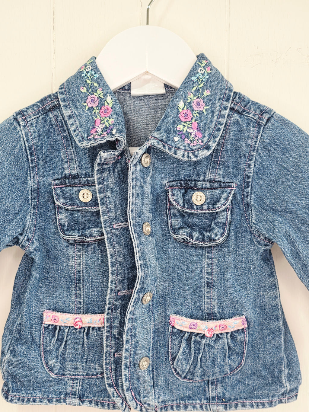 Ladybird - 3-6 months girls Y2K zip up denim jacket featuring embroidered flowers