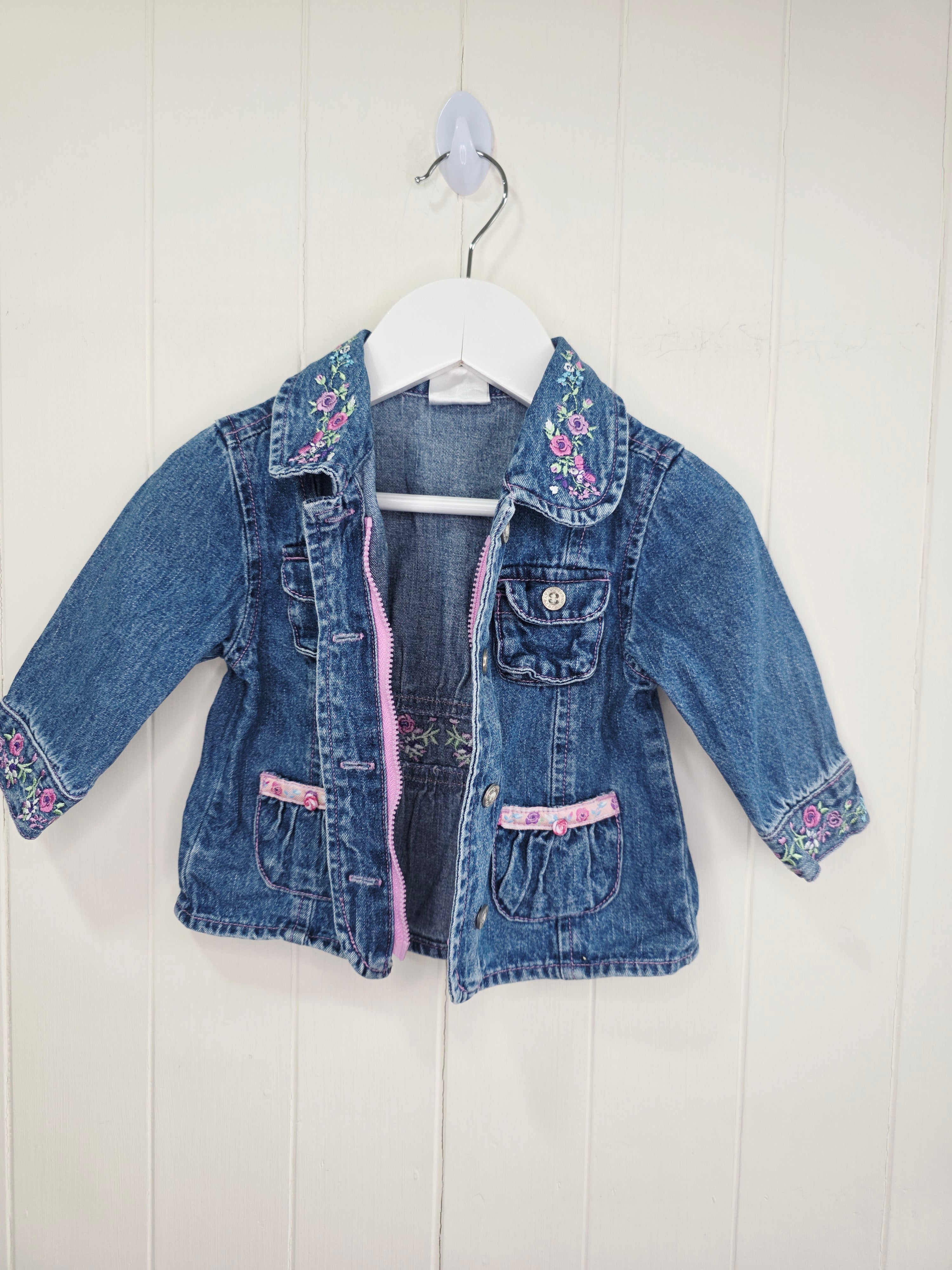 Ladybird - 3-6 months girls Y2K zip up denim jacket featuring embroidered flowers