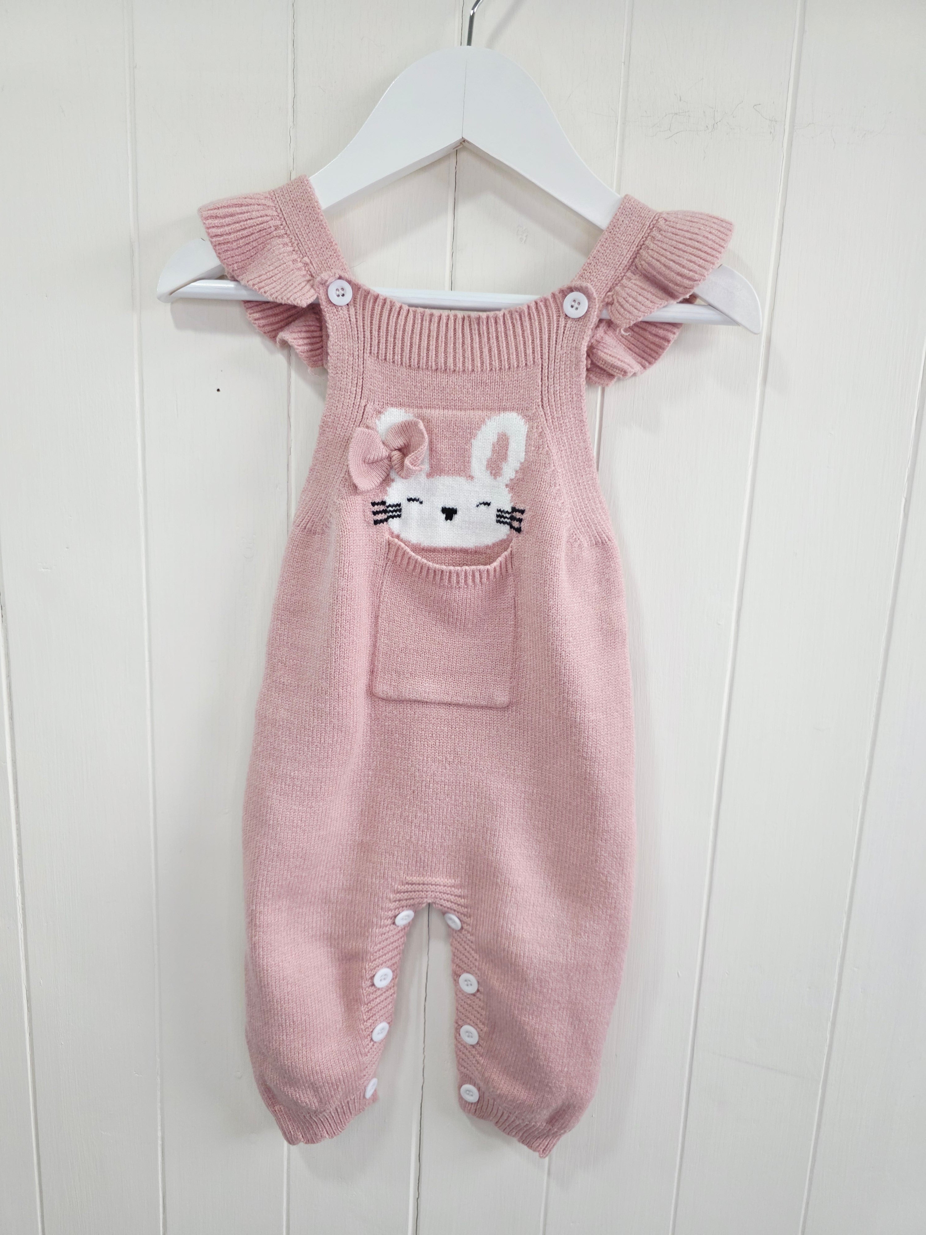 Shein - 3-6 months girls pink knit dungarees featuring bunny face with bow