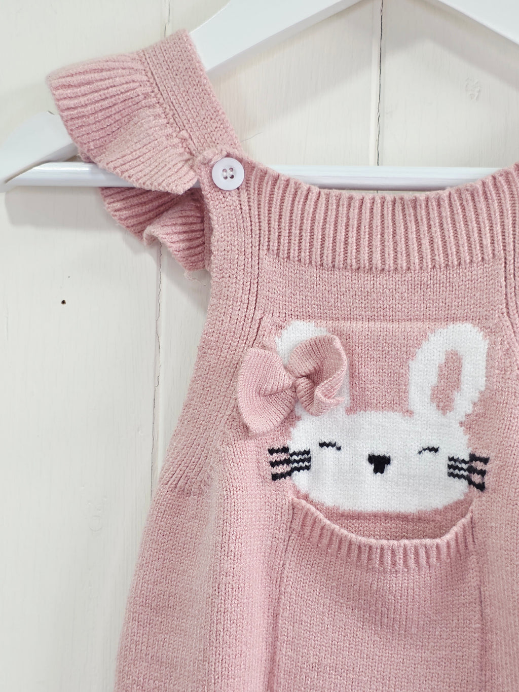 Shein - 3-6 months girls pink knit dungarees featuring bunny face with bow