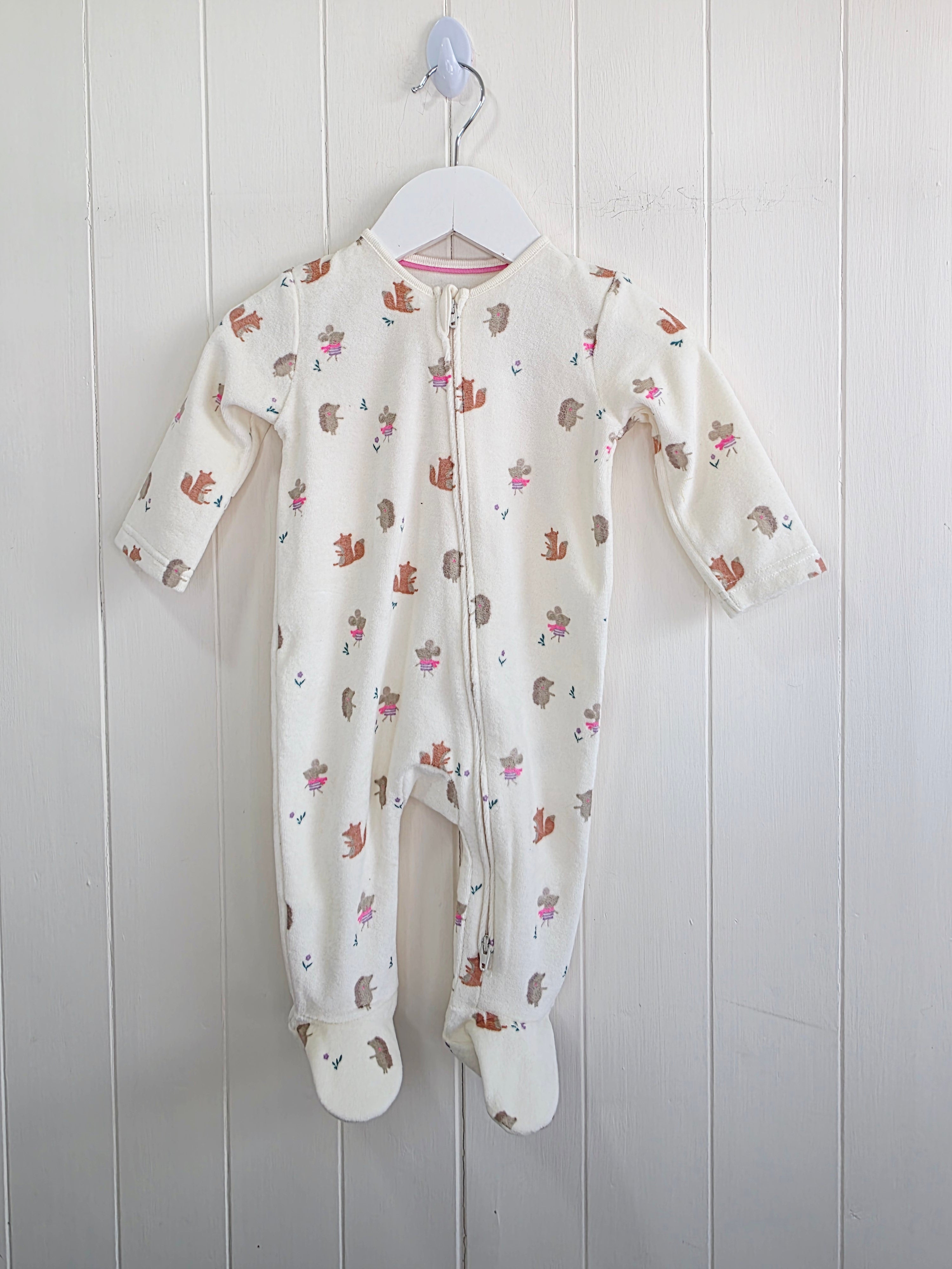 George - 3-6 months girls animal print cream velour sleepsuit featuring 2 way zip