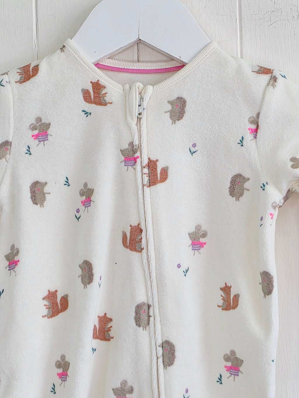 George - 3-6 months girls animal print cream velour sleepsuit featuring 2 way zip