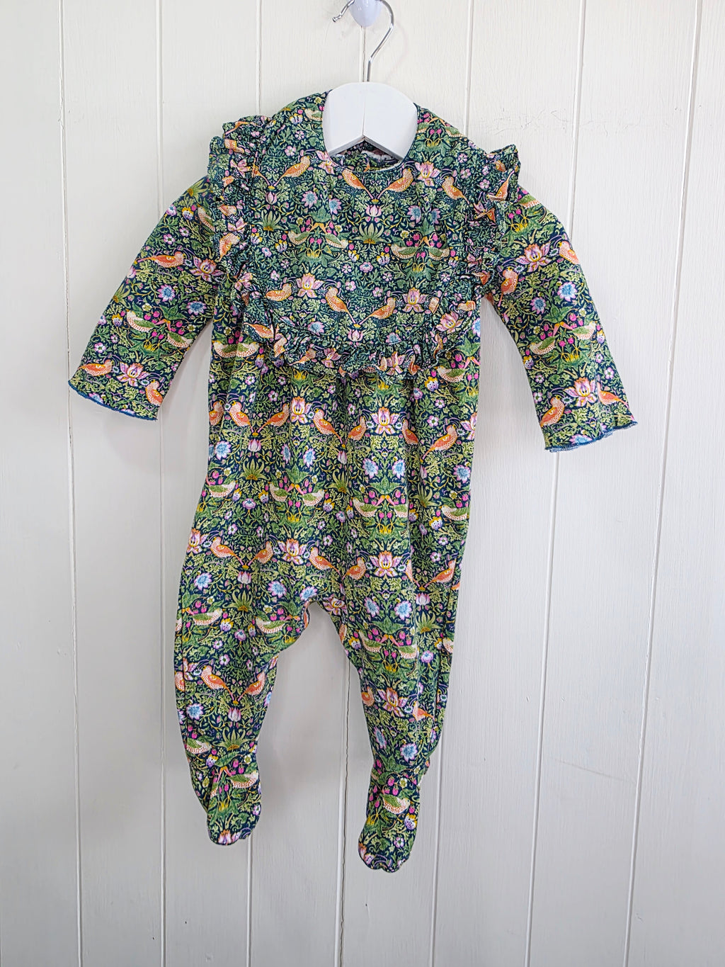 Morris&Co at Next - 3-6 months Thrush bird (strawberry thief) and floral print sleepsuit and frilled bib