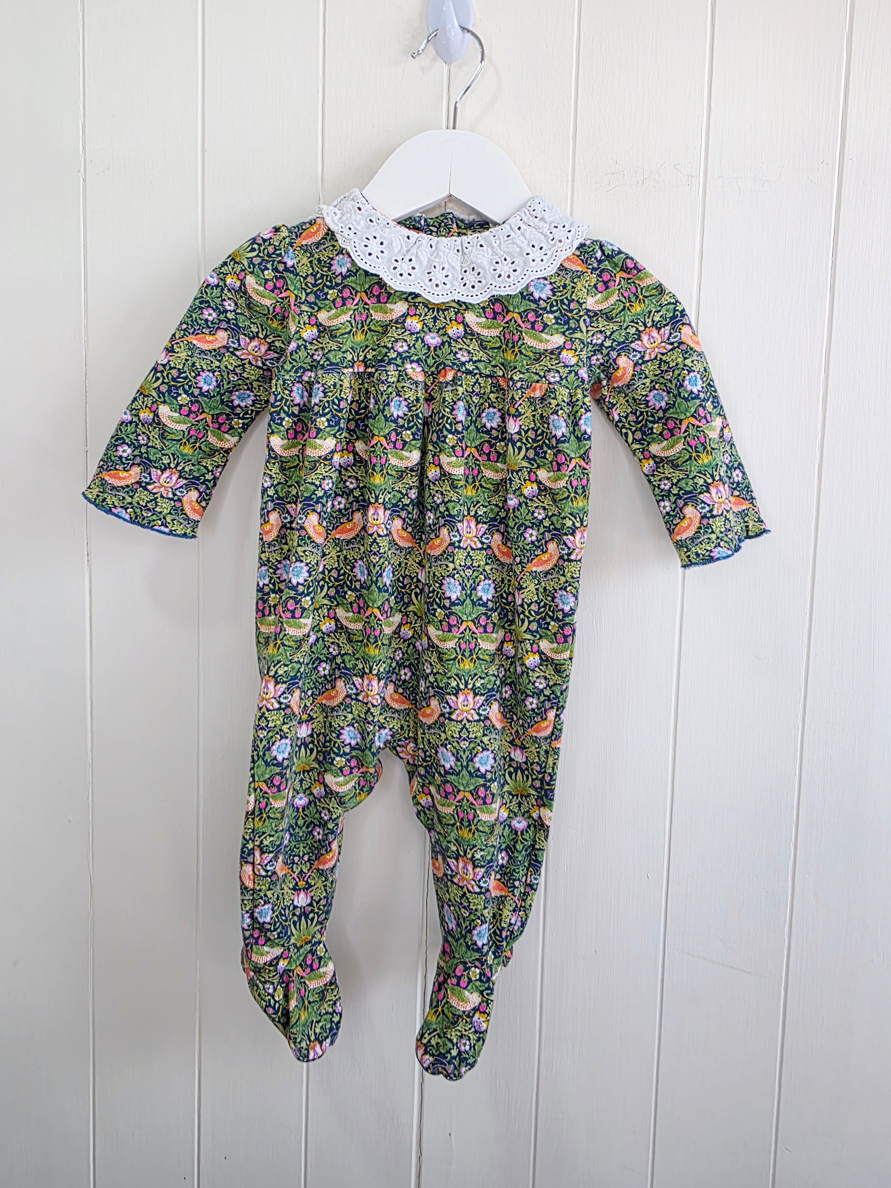 Morris&Co at Next - 3-6 months Thrush bird (strawberry thief) and floral print sleepsuit and frilled bib
