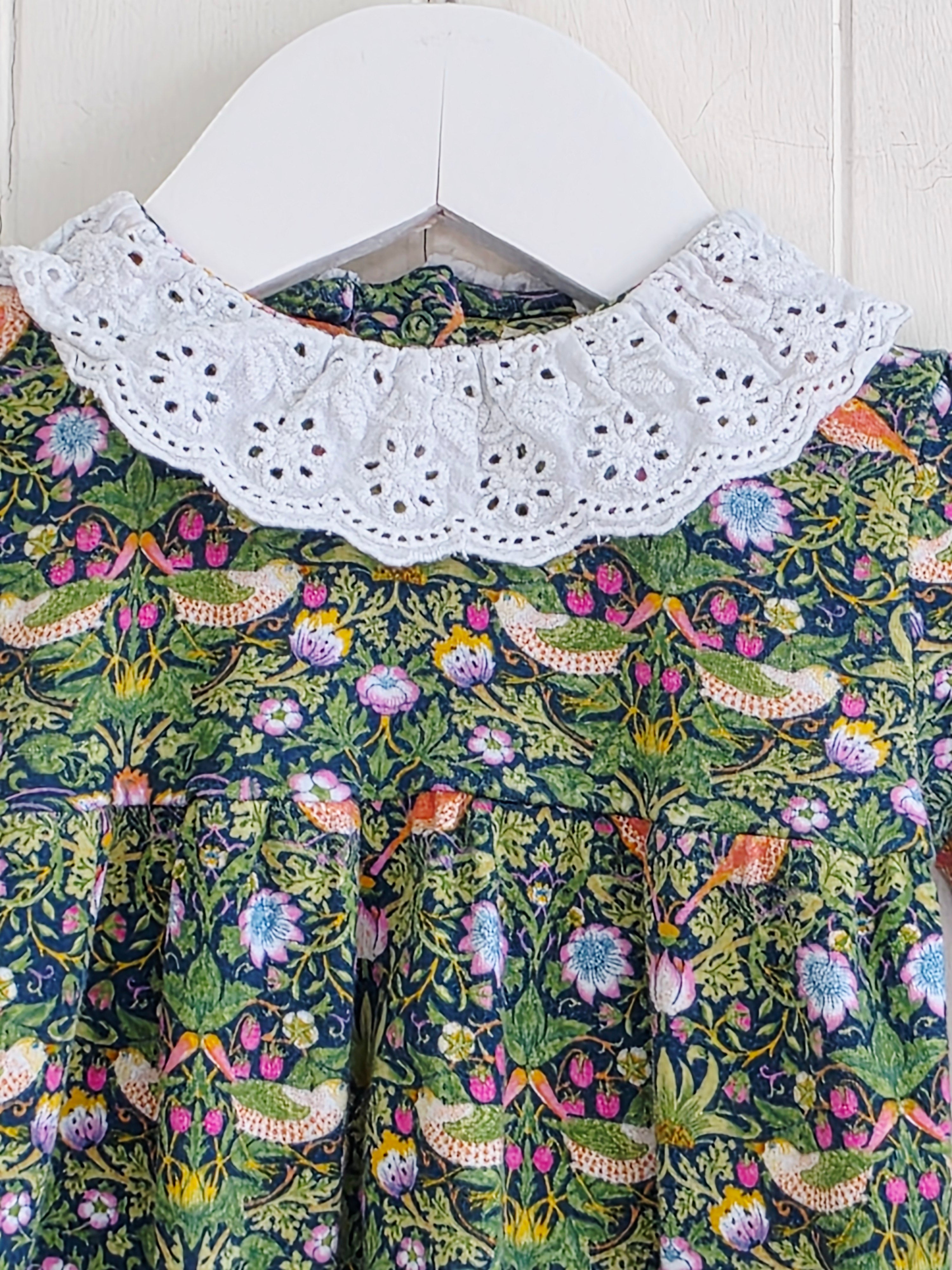 Morris&Co at Next - 3-6 months Thrush bird (strawberry thief) and floral print sleepsuit and frilled bib