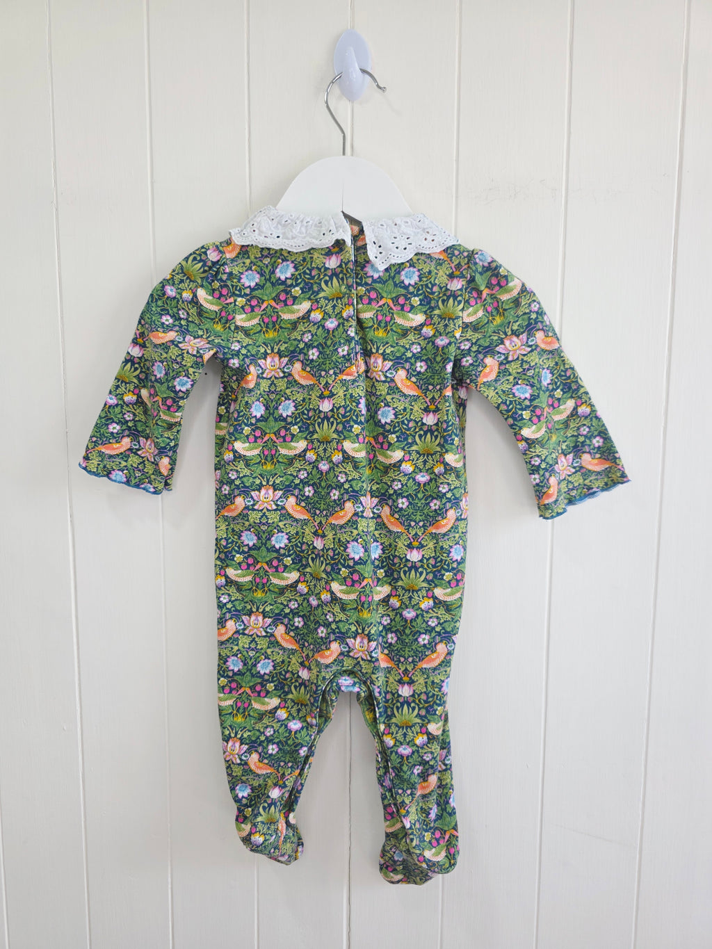 Morris&Co at Next - 3-6 months Thrush bird (strawberry thief) and floral print sleepsuit and frilled bib