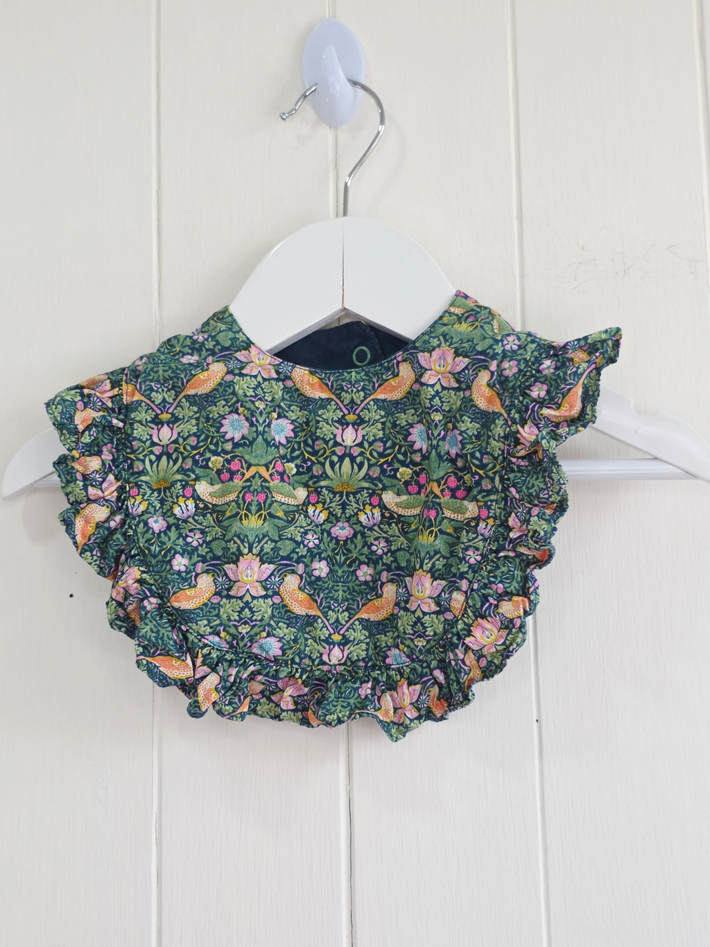 Morris&Co at Next - 3-6 months Thrush bird (strawberry thief) and floral print sleepsuit and frilled bib