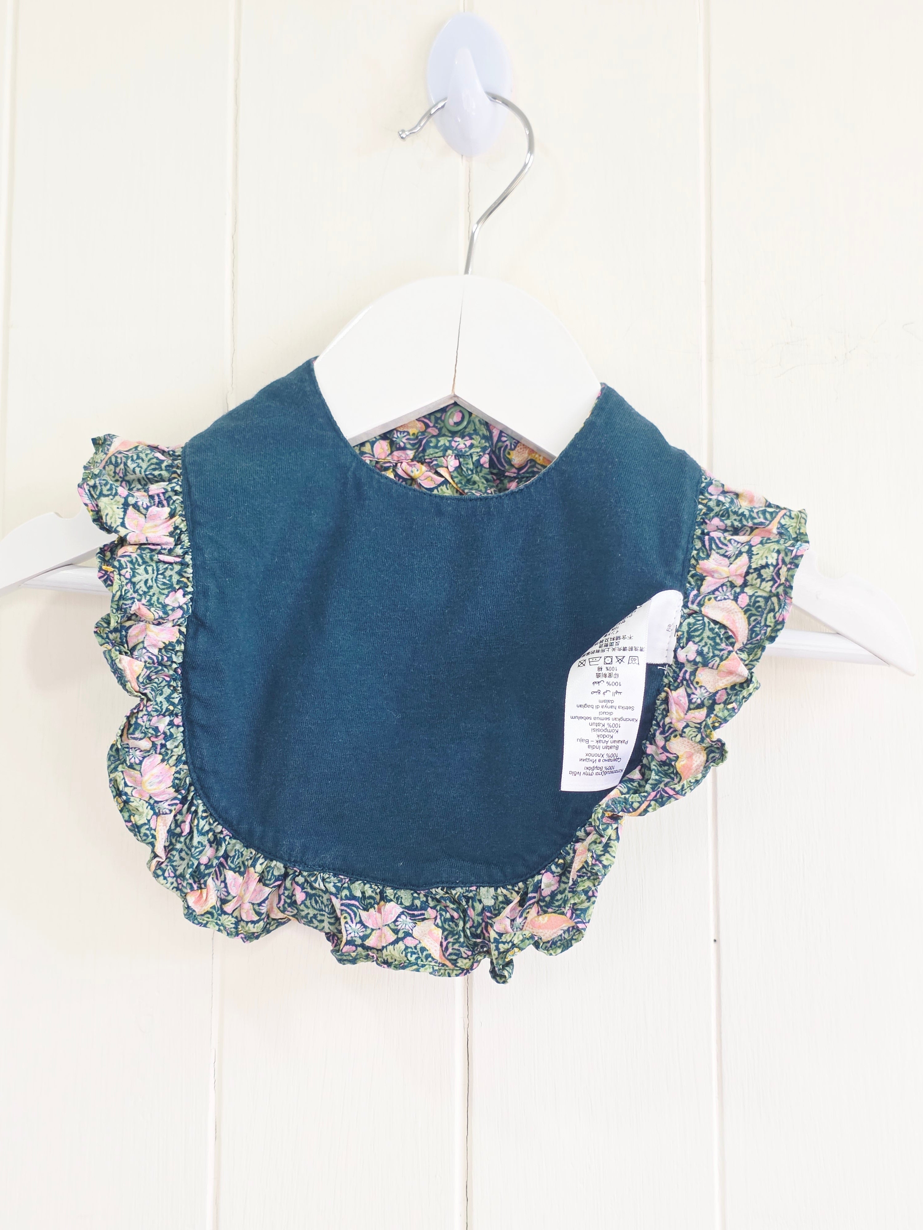 Morris&Co at Next - 3-6 months Thrush bird (strawberry thief) and floral print sleepsuit and frilled bib