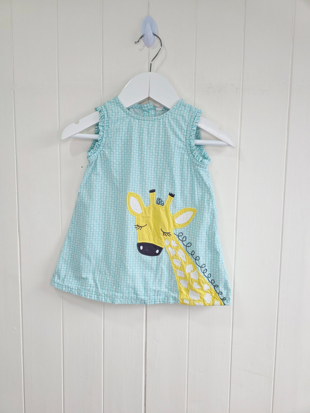 John Lewis - 3-6 months girl's cotton dress features a charming turquoise grid pattern and a large giraffe appliqué