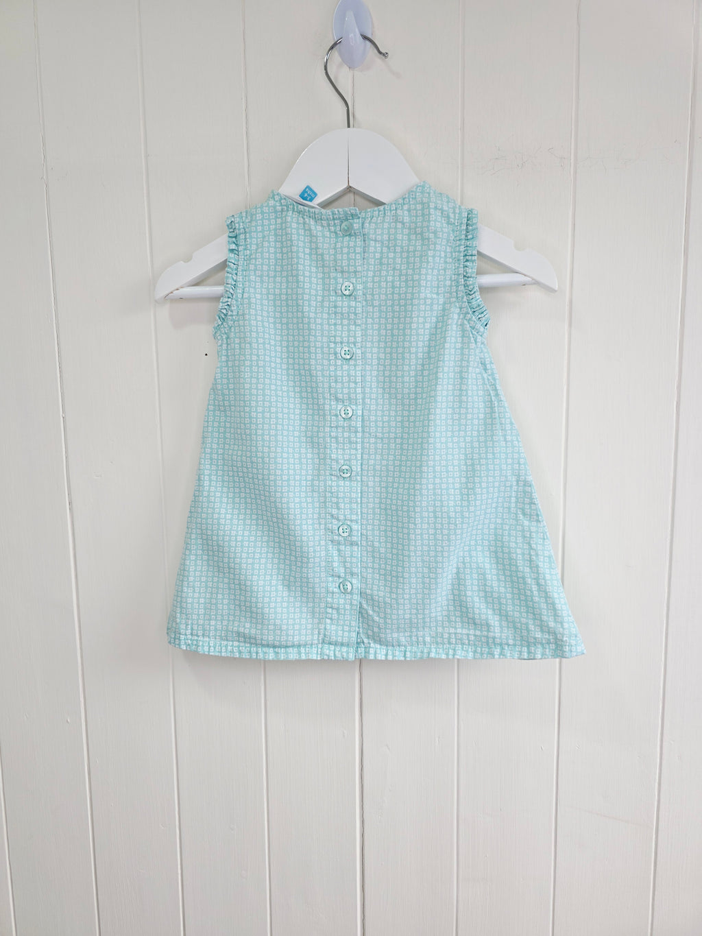 John Lewis - 3-6 months girl's cotton dress features a charming turquoise grid pattern and a large giraffe appliqué