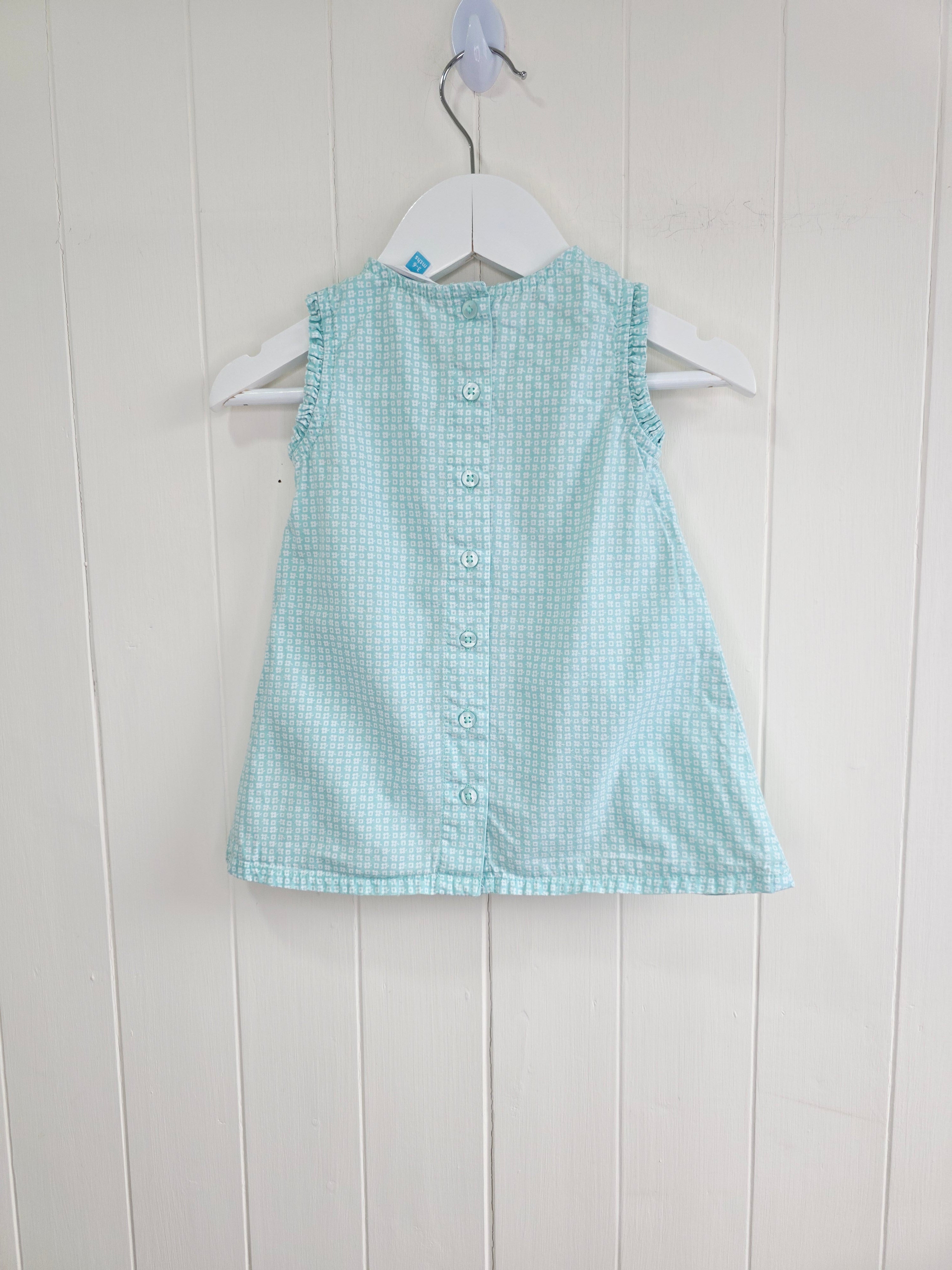 John Lewis - 3-6 months girl's cotton dress features a charming turquoise grid pattern and a large giraffe appliqué