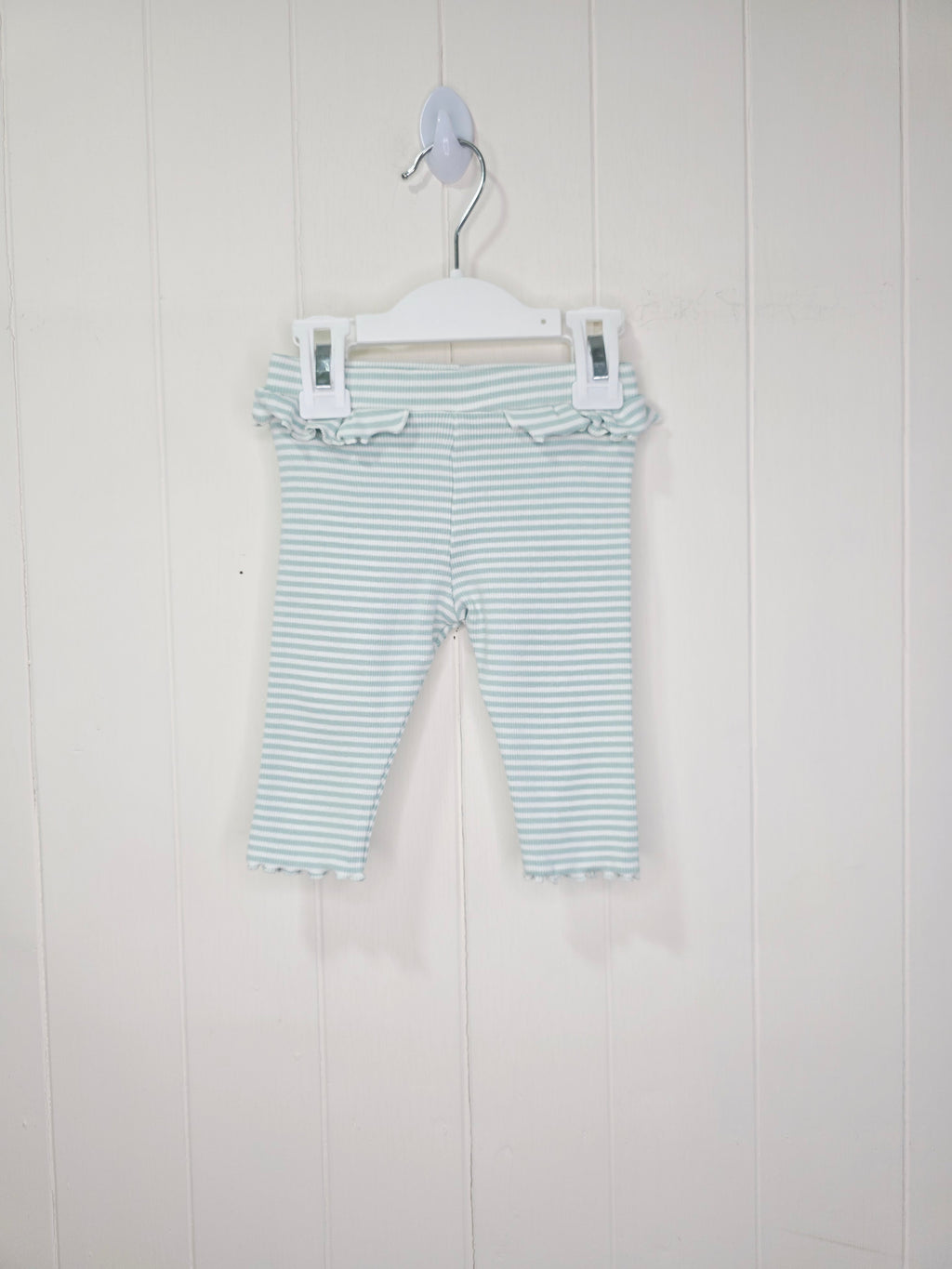 M&S - 3-6 months girls white and mint stripy leggings featuring ruffle waist