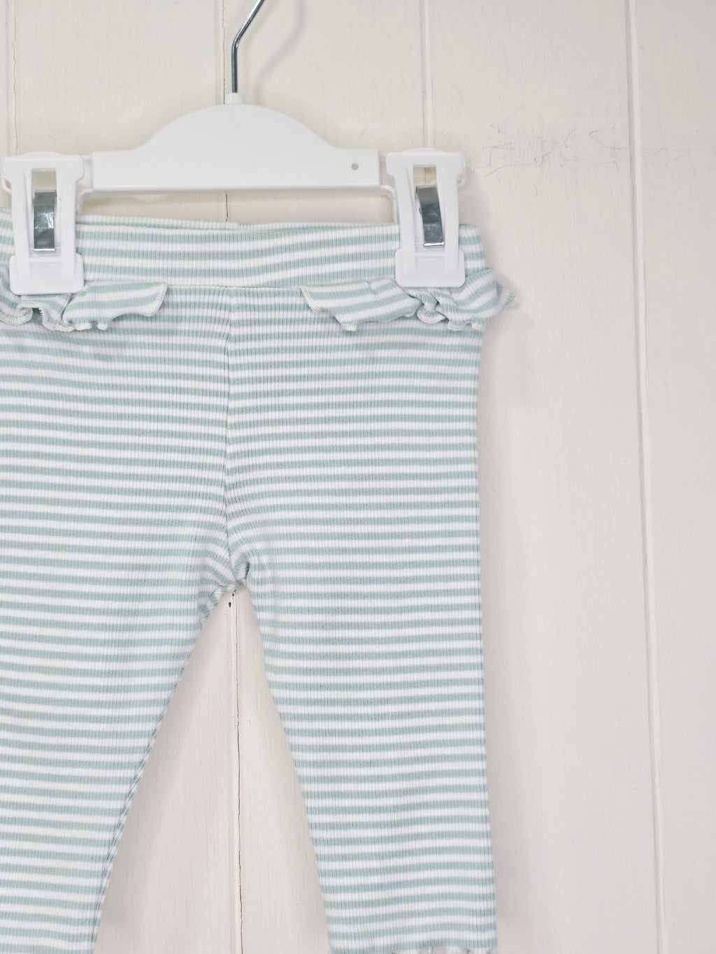 M&S - 3-6 months girls white and mint stripy leggings featuring ruffle waist