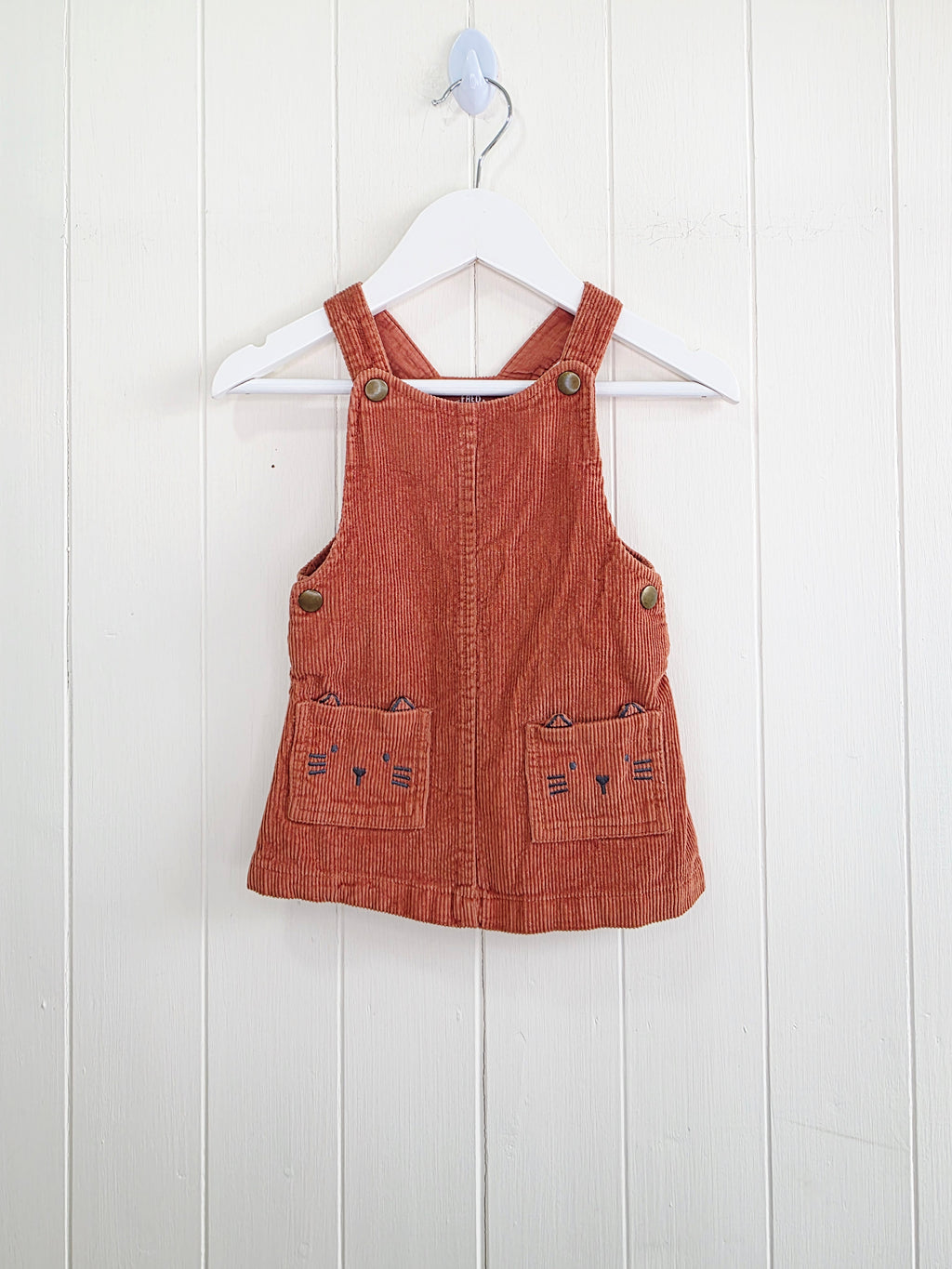 F&F - 3-6 months corduroy pinafore dress features adjustable straps and embroidered cat face pockets