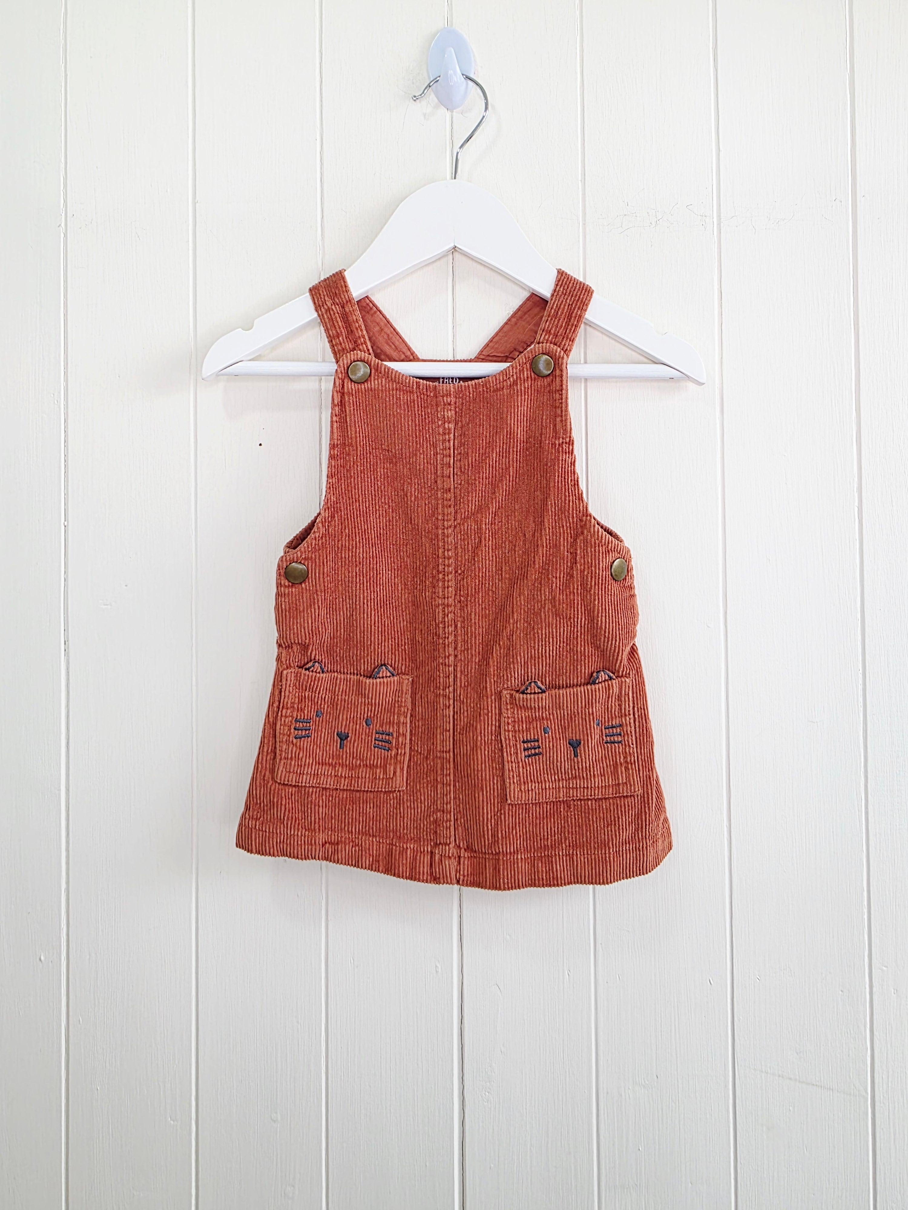 F&F - 3-6 months corduroy pinafore dress features adjustable straps and embroidered cat face pockets