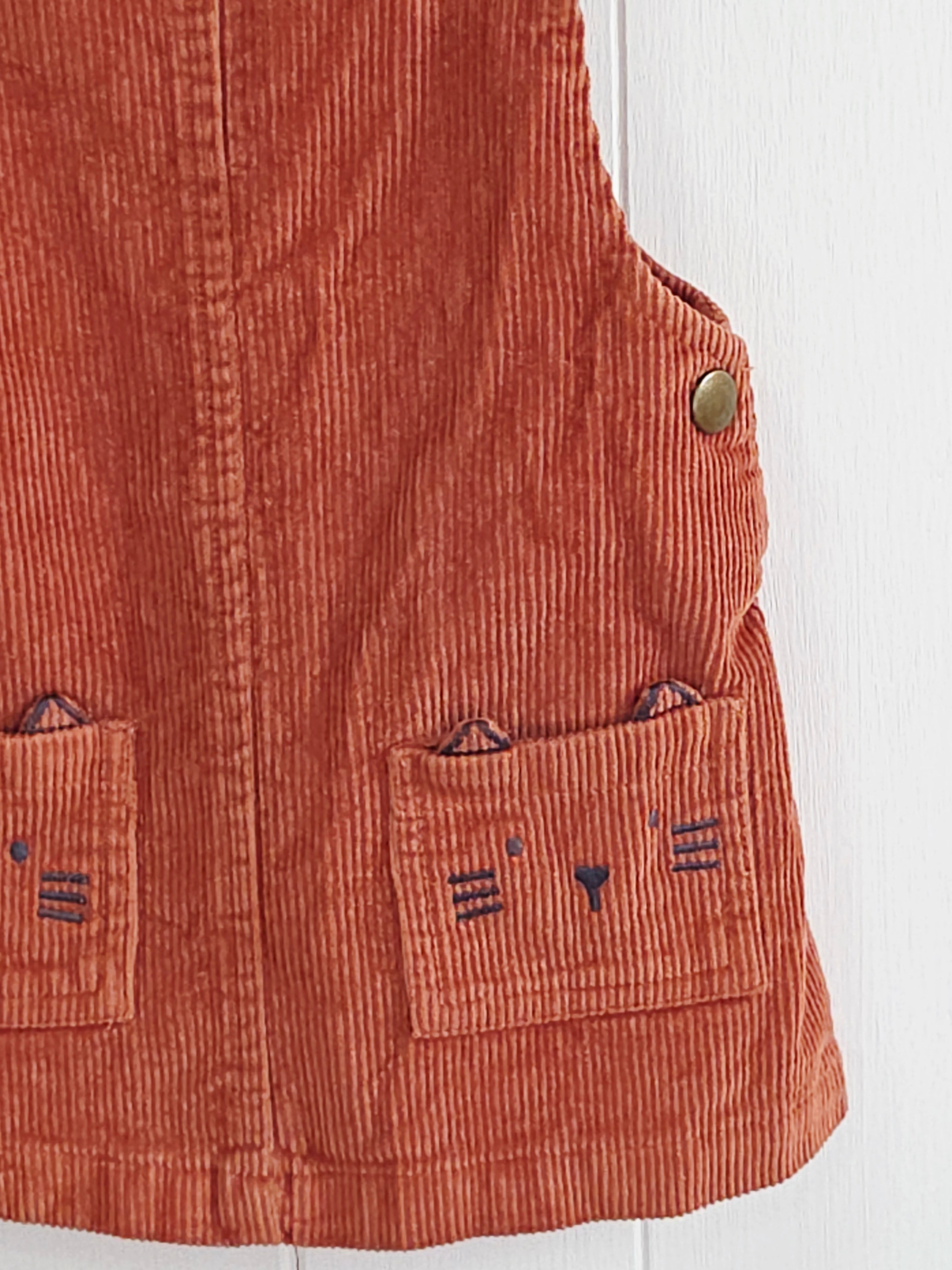 F&F - 3-6 months corduroy pinafore dress features adjustable straps and embroidered cat face pockets
