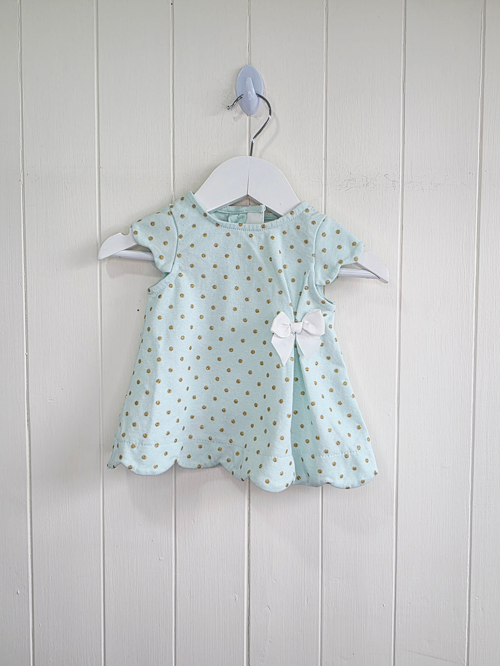 Tahari baby - 3-6 Months girls mint green cap shoulder dress featuring golden polka dot and bow on the front