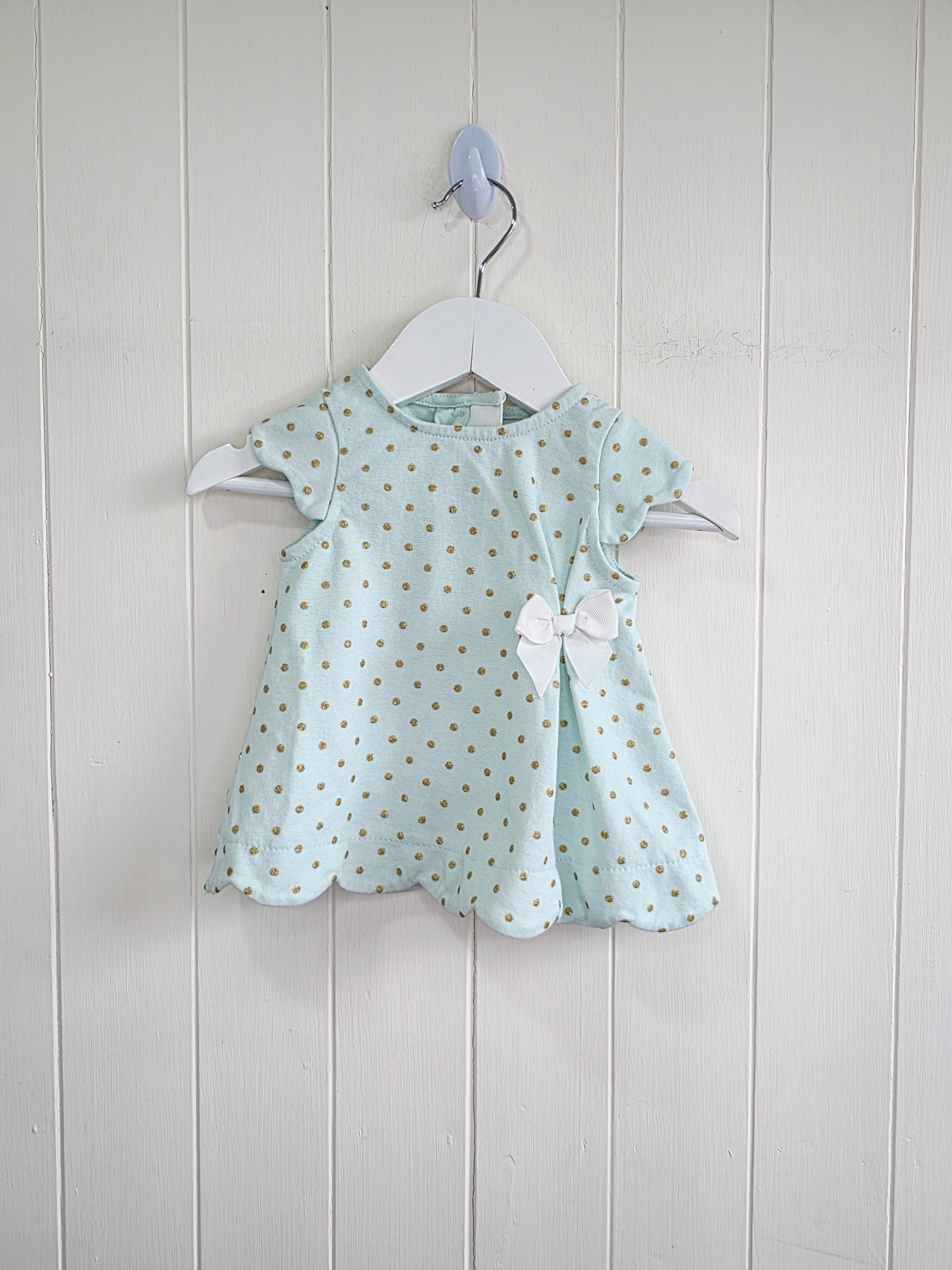 Tahari baby - 3-6 Months girls mint green cap shoulder dress featuring golden polka dot and bow on the front