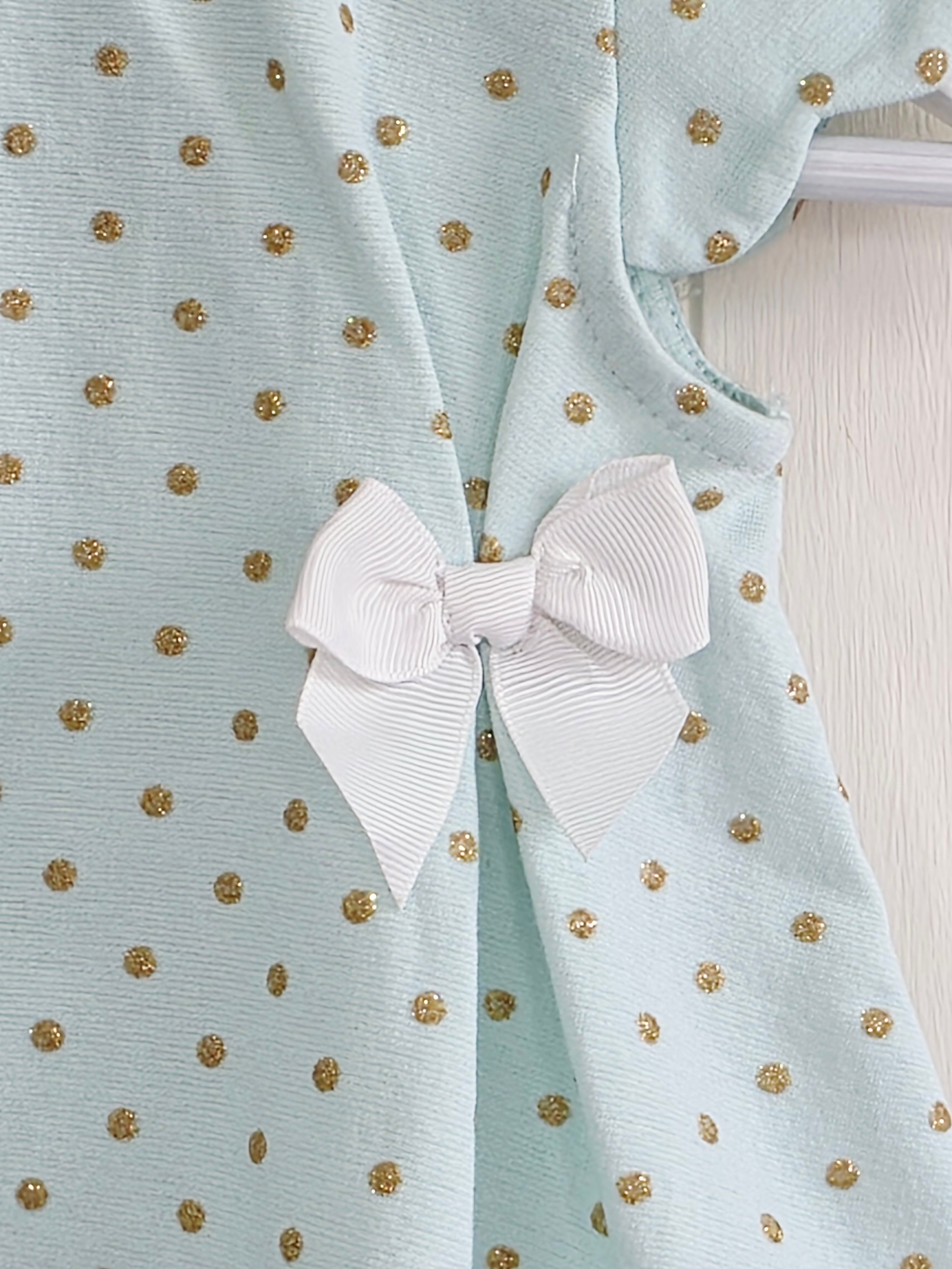 Tahari baby - 3-6 Months girls mint green cap shoulder dress featuring golden polka dot and bow on the front