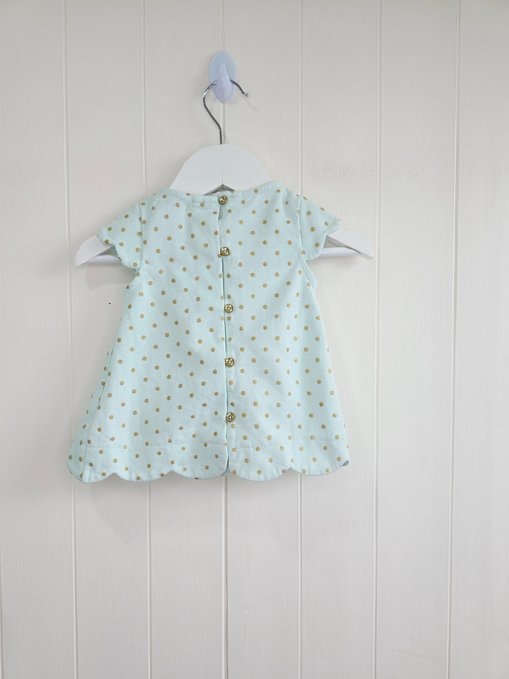 Tahari baby - 3-6 Months girls mint green cap shoulder dress featuring golden polka dot and bow on the front