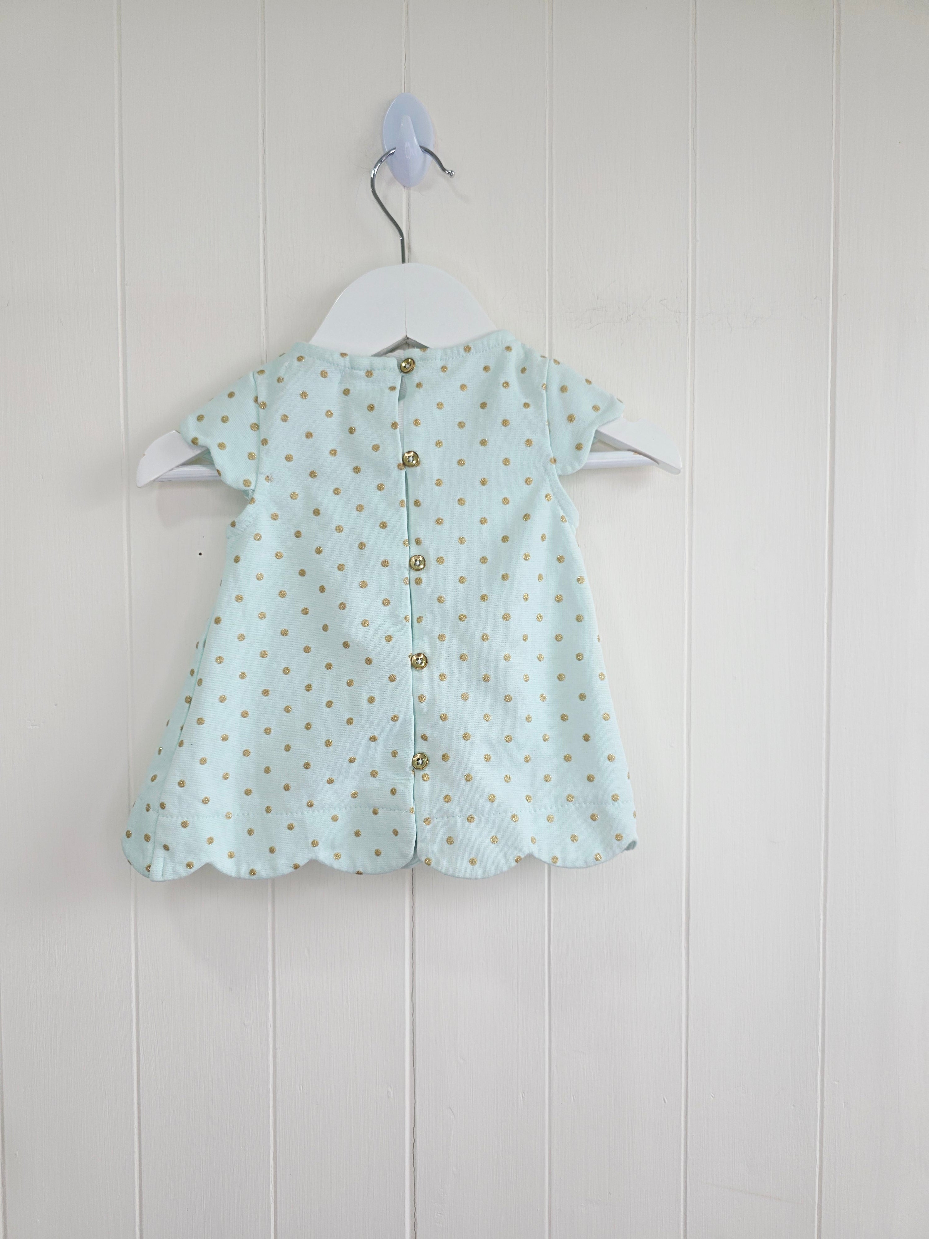 Tahari baby - 3-6 Months girls mint green cap shoulder dress featuring golden polka dot and bow on the front