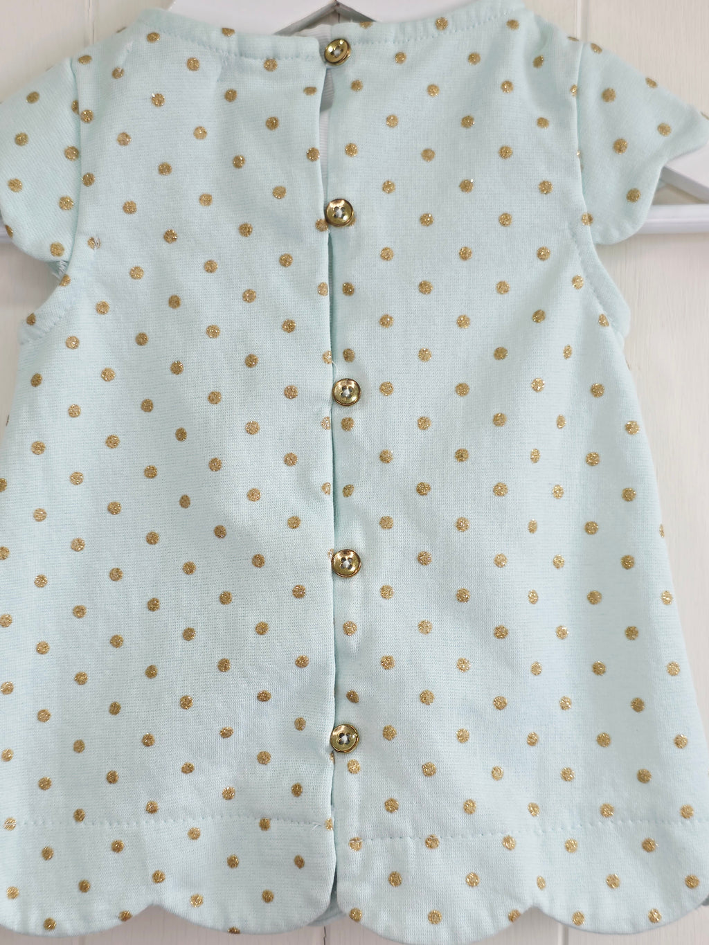 Tahari baby - 3-6 Months girls mint green cap shoulder dress featuring golden polka dot and bow on the front