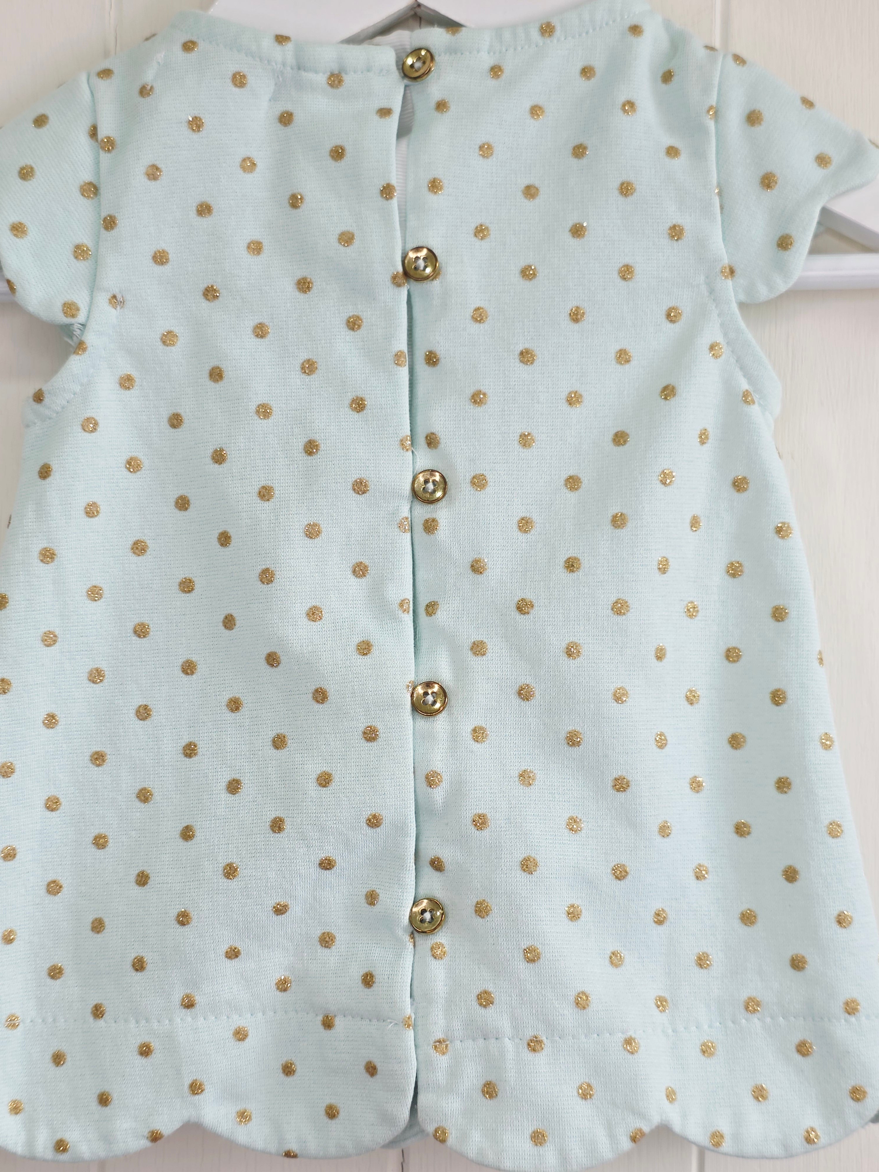 Tahari baby - 3-6 Months girls mint green cap shoulder dress featuring golden polka dot and bow on the front